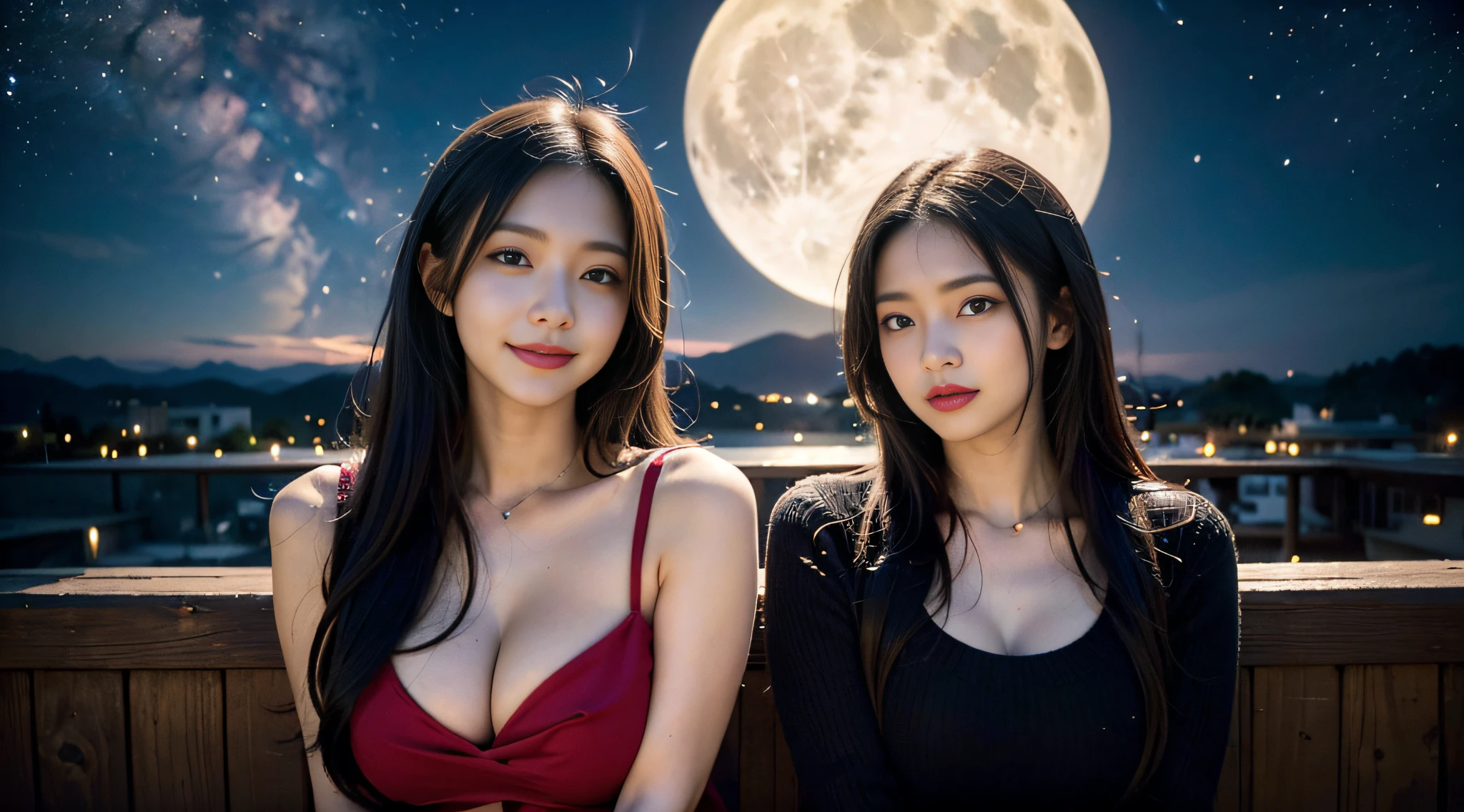 Anime girl with long hair and blue eyes standing in front of full moon, style of anime4 K, Stunning anime face portrait, Detailed digital anime art, Anime art wallpaper 4k, Anime art wallpaper 4k, Anime art wallpaper 8k, a beautiful anime portrait, Smiling, (Alebriss Art Style), Meteor shower in the starry sky, Several lesbians sitting together looking at the stars,event,event:1.3,masutepiece, Best quality, intricately details, absurderes,,(Urzan-6500-V1 Release, Edition.3,PureFace_V1,rendering by octane)