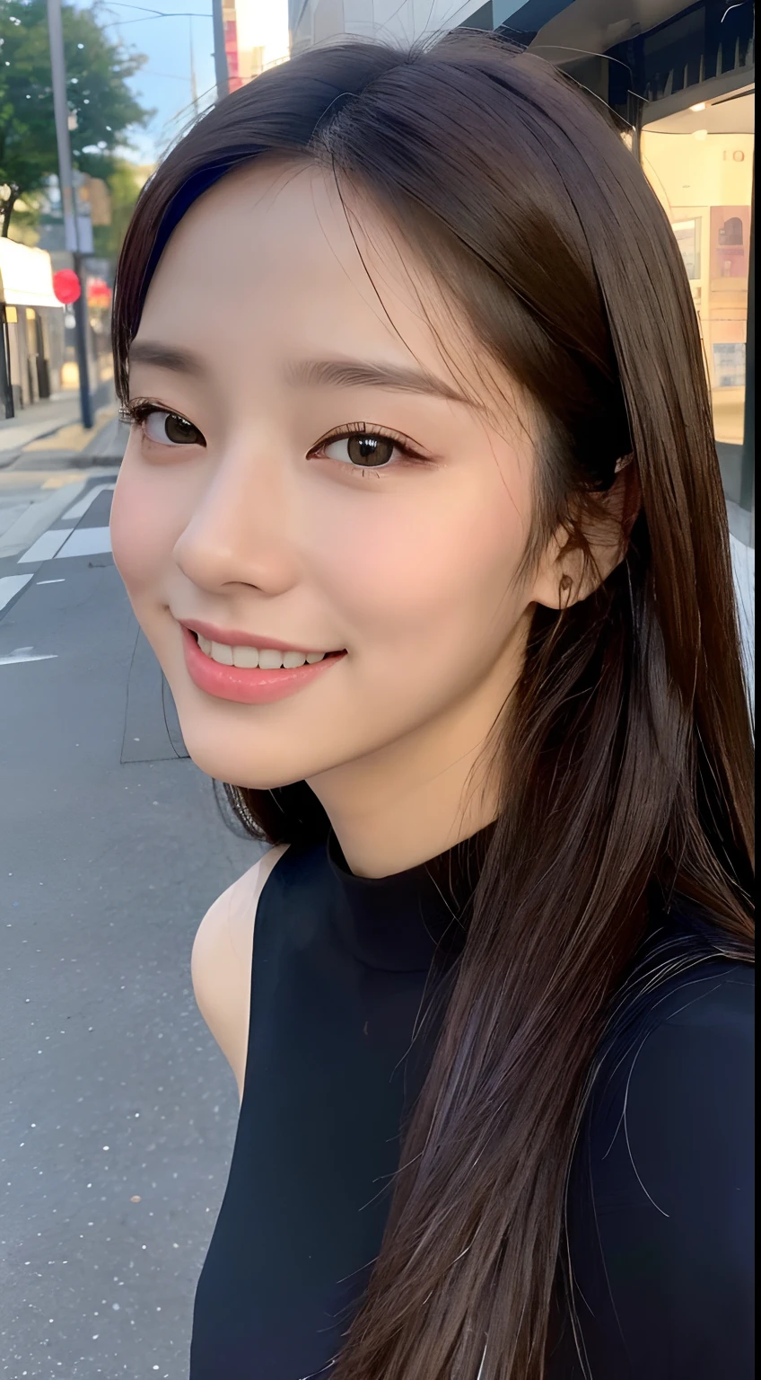She has long silky black hair, slightly curled at the ends, creating a feminine and graceful beauty. Her eyes are big, bright, showing intelligence and sophistication. She has a tall, delicate nose, along with soft, rosy lips that always have a big smile. Her face is oval in shape, fitting in the golden ratio, providing a balanced and harmonious beauty. She has fair, smooth, spotless skin. She has a well-fitted body, full bust, slim bust, sexy bust. She always dresses elegantly, delicately, to suit each situation and event. She has a positive, healthy lifestyle that cares about herself and others. She is a confident, active and attractive Asian woman.