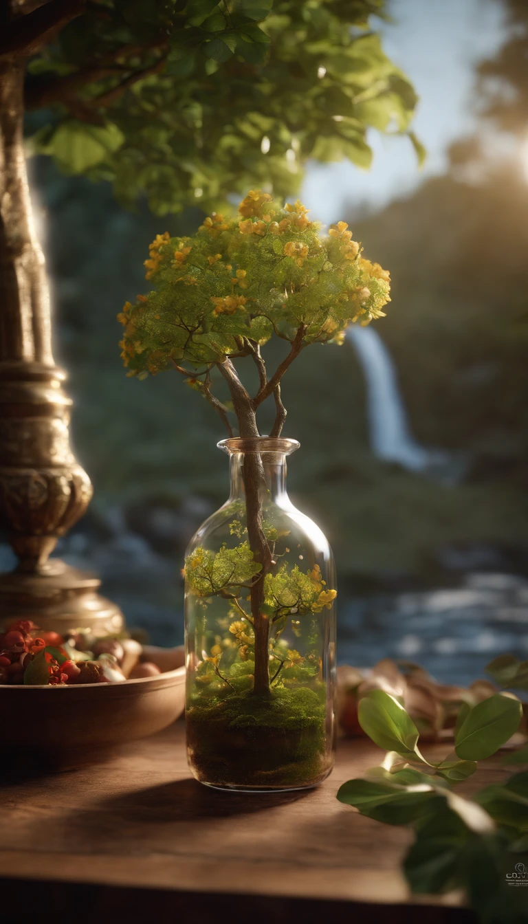 A dreamy art tree in a bottle, fluffy, realistic, photographic, classic, dreamy, artistic, splendid leaves and branches with flowers above its head. Greg Rutkowski's Ultra Detailed Photo Realism - H1024W 804 | F16 Lens Markers 2:2 S 35555 mm Film Particles: 1 Realistic High Resolution Sharp Focus Contrast! Unreal Engine 5's cinematic concept The intricate and detailed atmospheric refractive lighting in Octane, a cinematographic masterpiece, presents the trend of CGSociety