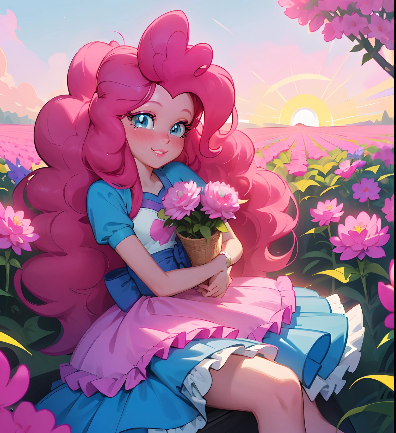 My little pony pinkie pie, pinkie pie, pinkie pie in the form of a girl, long dark pink hair, blue eyes, long pink and blue frilly dress, white frilly thigh high, small pink heels, blue sky, pink clouds, sitting in a pink and blue flower field, staring at viewers, (light pink skin 1.5), soft blush, happy smile, soft smile, holding flowers, balloons flying everywhere, ((sunrise 2.0)), highly detailed lighting, yellow light, in a beautiful flower field, pink and blue flowers everywhere, blue eyeshadow (( DARK BLUE EYES 2.0 )), Dahlia and peony flowers everywhere