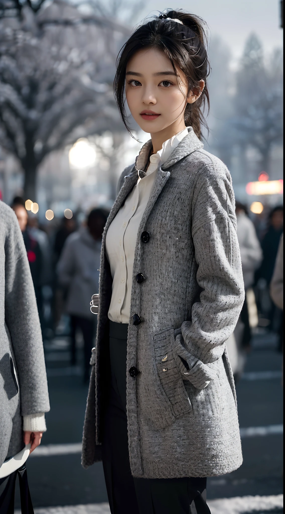 (shoulder length straight short black hair:1.0),((((8k))),(Extremely meticulous CG) ,(wallpaper),16k,(Extremely refined and beautiful），（Masterpiece），（best qualtiy：1.0），（Ultra High Resolution：1.0），beautiful light up，Perfect lightning，realistic shaded，[A high resolution],(Smooth and flawless fair skin:1.5),Extremely exquisite facial details,(perfect body：1.1),ultra - detailed,A beautiful girl,small head,(very short ponytail:1.2),(Small breasts:1.1),Flat chests，slim，thin，Smile，cheerfulness,(maxi light grey woolen coat:1.5),(white collared shirt:1.3),(black pants:1.4),(white sneakers:1.2),slender legs,(nightfall:1.5),Sunset light,(Surrounded by a crowded crowd:1.5),At the school gate,standing,full body,(close-up of upper body:1.2),from front