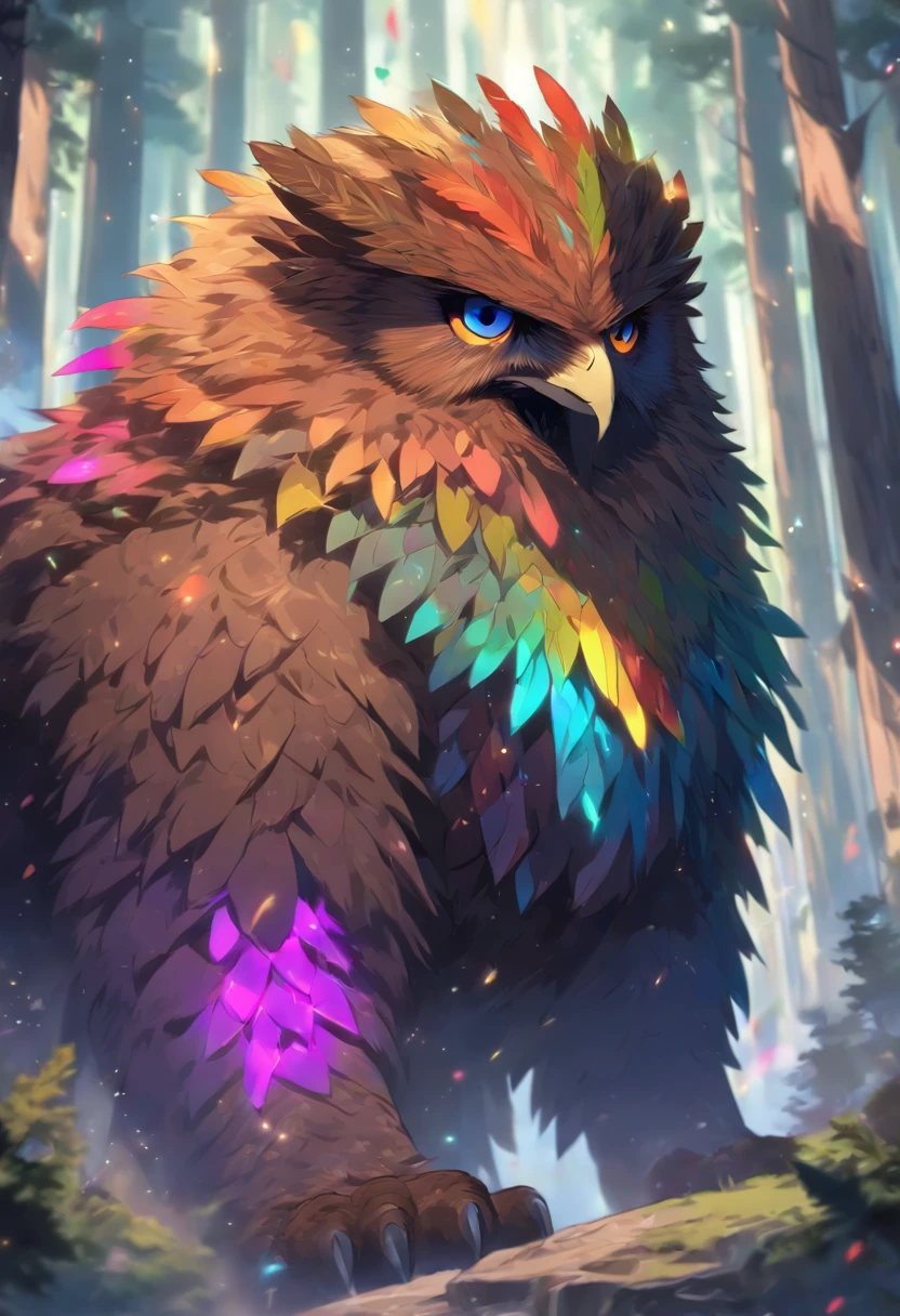 Owlbear, Fantasy Monster, Rainbow Feathers, Long Bear-Like Claws, Dungeons and Dragons, Forest Background, High Detail