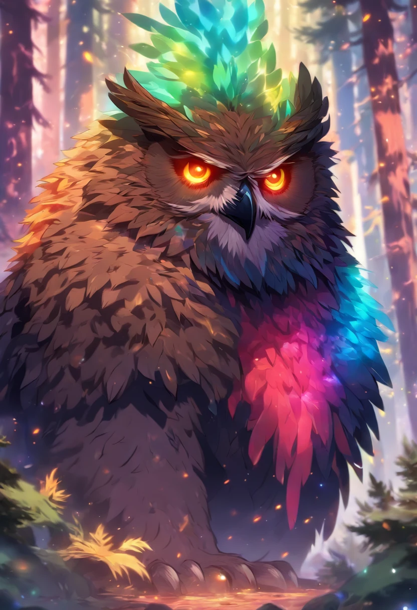 Owlbear, Fantasy Monster, Rainbow Feathers, Long Bear-Like Claws, Dungeons and Dragons, Forest Background, High Detail