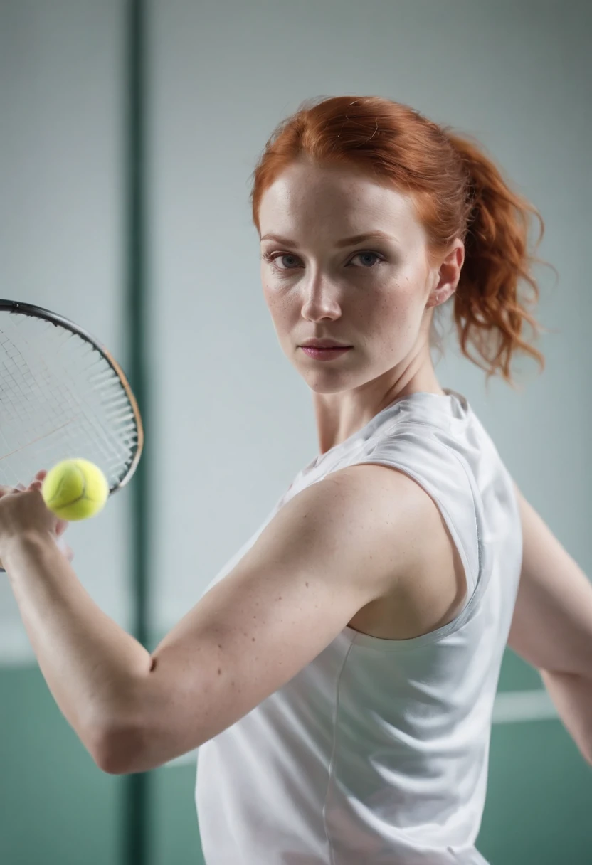 Young athletic redhead woman with freckles on cheekbones, in sports outfit, playing badminton, in a gym