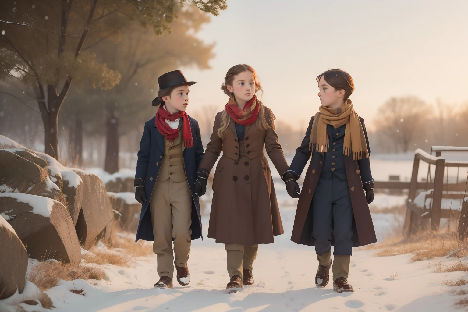 year: 1852. Location: Rock Island, Illinois. Pre-Raphaelite scene with -yeld ble boy and girl, and a 9-year-old  chatg on their way to school, winter snow, ((((casual Clothing from the 1850s, scarf and gloves)))) ((Hairstyle of the 1850s)), ((("OMITB" cinematography)))