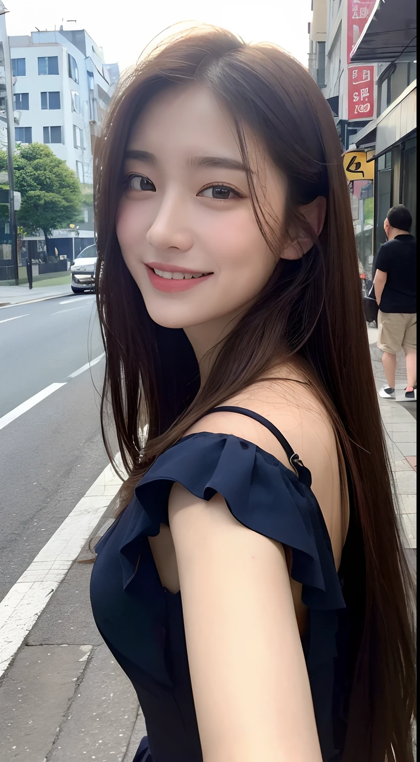 ((top-quality、8k、masterpiece:1.3))、1girl in、a smile、full bodyesbian、Slim Faces、Pretty women、(dark brown hair)、Full-length dresses:1.1、hyperdetailed face、A detailed eye、二重まぶた、blured background、Slim Faces、城市、takeout、a street、date、Nasty sexual superiority