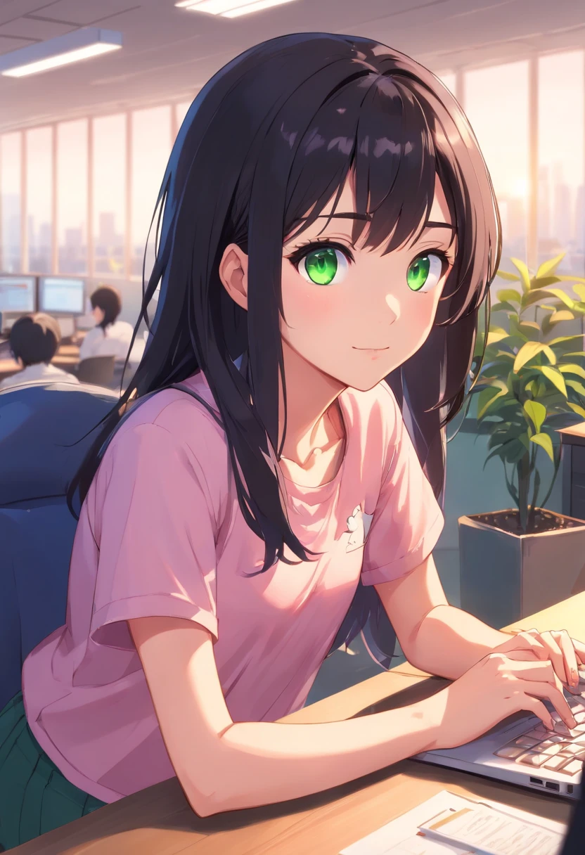 working in an office, At the office, working in her laptop computer, sitting in office, sitting in front of the computer, In the office, working on a laptop at a desk, sitting at a computer desk, sitting in front of the computer, in front of a computer, sat at her desk，Spotted clothes，(((Masterpiece))) (1 girl) (Black hair, Exposed long and short hair, Straight hair, Both sides up) (Green eyes), Beautiful face, eye shadows, eyes liner, Glow eyes, hyper detail eyes, complex eyes, Beautiful eyes, Detailed eyes, ((Star-shaped pupils, Glowing pink pupils)) 18-year-old girl. ((Humph)). Smile. full bodyesbian. florest background. Lie down.
