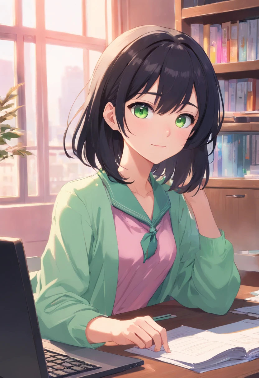 working in an office, At the office, working in her laptop computer, sitting in office, sitting in front of the computer, In the office, working on a laptop at a desk, sitting at a computer desk, sitting in front of the computer, in front of a computer, sat at her desk，Spotted clothes，(((Masterpiece))) (1 girl) (Black hair, Exposed long and short hair, Straight hair, Both sides up) (Green eyes), Beautiful face, eye shadows, eyes liner, Glow eyes, hyper detail eyes, complex eyes, Beautiful eyes, Detailed eyes, ((Star-shaped pupils, Glowing pink pupils)) 18-year-old girl. ((Humph)). Smile. full bodyesbian. florest background. Lie down.