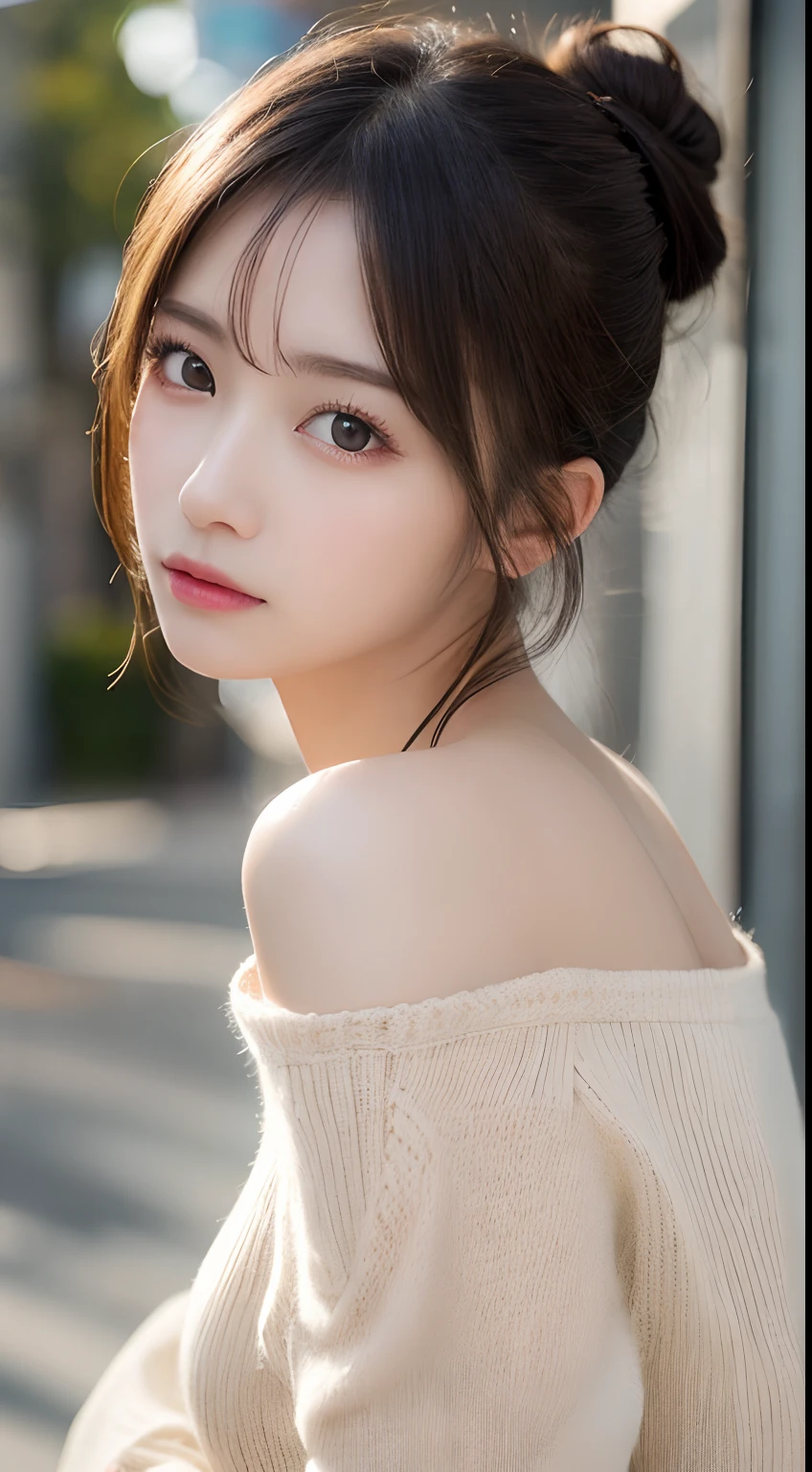 finely detail, hight resolution, hightquality、Perfect dynamic composition, Beautiful detailed eyes, Medium Hair, small tits、Natural Color Lip,Kamimei、Shibuya、20 years girl、1 persons、Transparent skin、Glowing hair、masutepiece, Best Quality, Illustration, Ultra-detailed, finely detail, hight resolution, 8K、The correct state of the human body、Randomly cute poses,Ponytail hair,beauty legs,Perfect beautiful face,KPOP Idol Face,Face that feels ecstasy,Pale pale beige knitted dress,Background blur,Randomly posing as a model for a women's fashion magazine