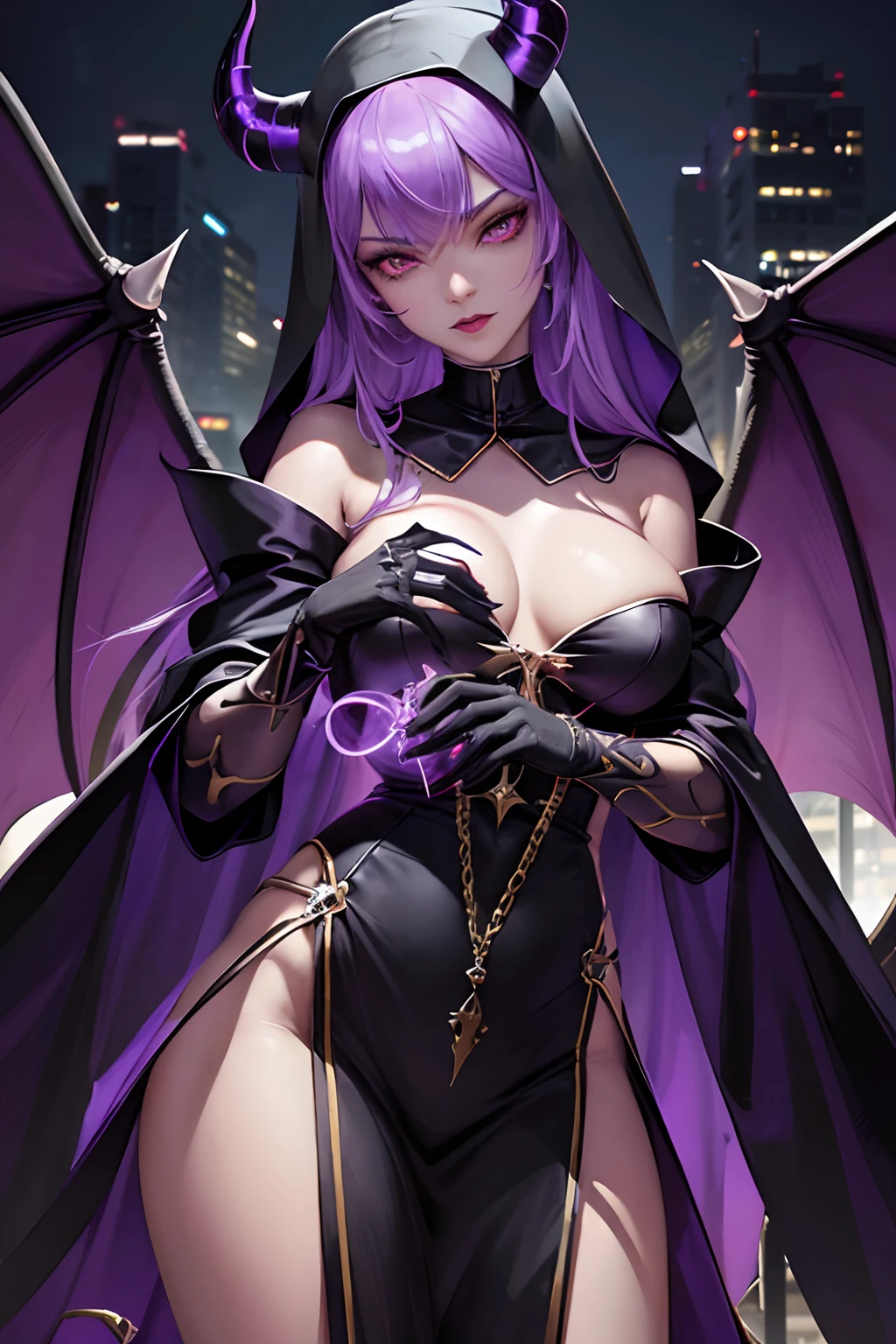 Rihanna : The evil nun, Demon horn, Demon wings on the head , sexy robe de nonne, Powerful bolts of destructive purple energy shoot out of his hands, diabolique, insidieux, His powerful magic hits the buildings of a city , Context of the Satanic Church, detailled eyes, detailed hands