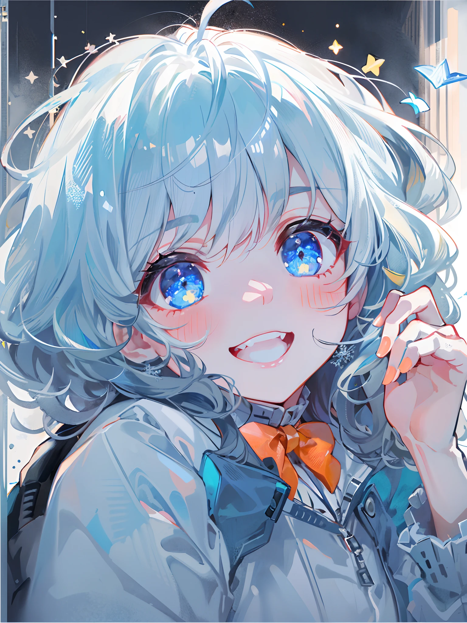 ((top-quality)), ((masterpiece)), ((ultra-detailliert)), (Extremely delicate and beautiful), girl with, 独奏, cold attitude,((Black jacket)),She is very(relax)with the(Settled down)Looks,A dark-haired, depth of fields,Evil smile,Bubble, under the water, Air bubble,bright light blue eyes,inner color with bright gray hair and light blue tips,,,,,,,,,,,,,,,,,Cold background,Bob Hair - Linear Art, shortpants、knee high socks、White uniform like school uniform、Light blue ribbon ties、Clothes are sheer、Hands in pockets、Bright eyes like sapphire,Fronllesse Blue, A small blue light was floating、Upper Eyes、glass shards、Snowflake Hair Ornament, Halloween, Orange pumpkin、Jack-o'-lantern、Orange and light blue odd eye