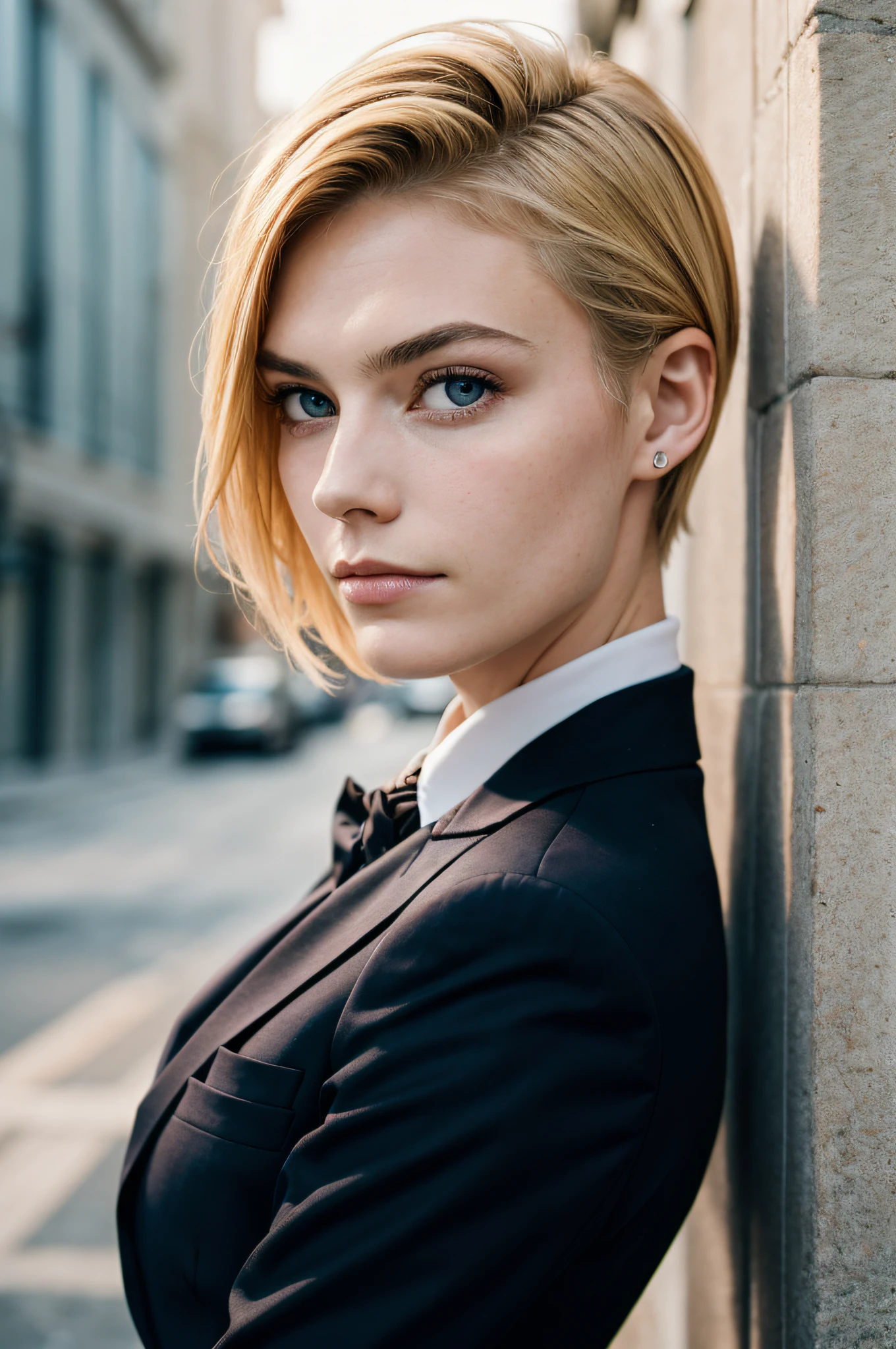 portrait of european girl,solo,20yo,beautiful face,uppser body,hair over one eye,medium sidecut, blonde hair, sharp focus,black business suit
