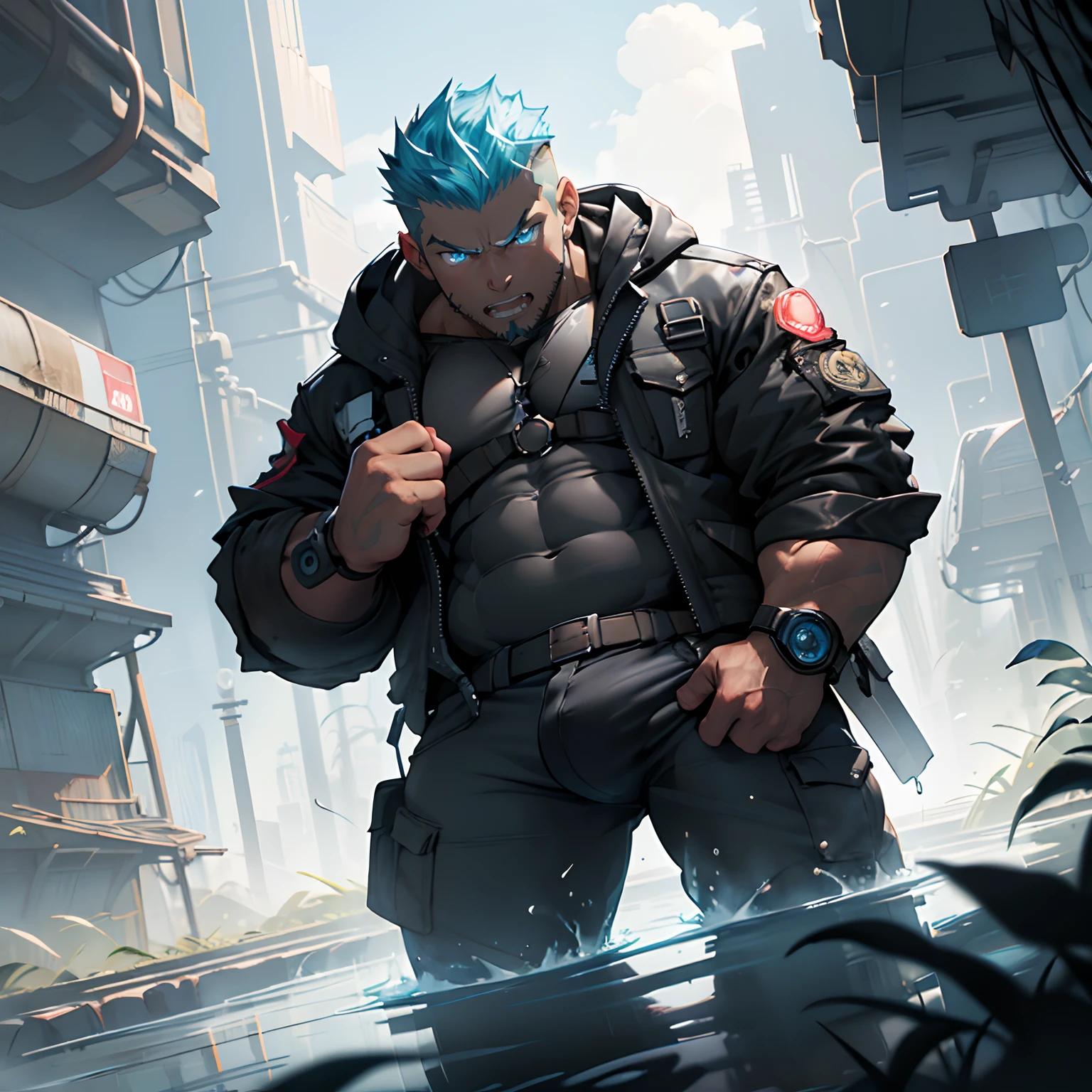 super high resolution, detailed futuristic night background, a beefcake bio-luminescence naked euphoric badass openly body open the crotch to stretch long legs and buttocks and pitch a rounded huge black tent over smoky hot springs futuristic sci-fi steampunk, naked mechanic engineer shirtless cuty body wear black jacket on naked, babyface naked hunk bent knees black pitched tent pants, completely opening legs to show inner thigh and round huge buttocks, badass cool euphoric smile in steamed Bio-luminescence hot springs, bent knees light up by energy pipes luminate structures and machanics, tight six pack elevate buttocks long belly the crotch forward, thick broad super buff neck, high resolution undercut, high resolution faux hawk, magical icy blue hair, glassy gem hair, icy blue glassy eyebrows, oversized rounded huge ilis, extremely rounded large eyes, glassy aqua blue gem iris, muscular! cyberpunk, punped broad legs, huge round hip, broad thick shouldered, broad round fat chested, muscular sci-fi male hero naked, gigachad muscular!!, scommission for high res, top rated on pixiv, male art, badass anime 8k, muscular!!!, (large bulge), (Big eggs) giant root, Big Peninsula, Glans, ((Crotch propped up)), (Bottom-up view), Rounded buttocks, Your hips are forward, ((Clothes are soaked)), naked hard muscular, (a broad shouldered), ((Elevate the crotch)), shirtless naked muscular!!! muscular!!!