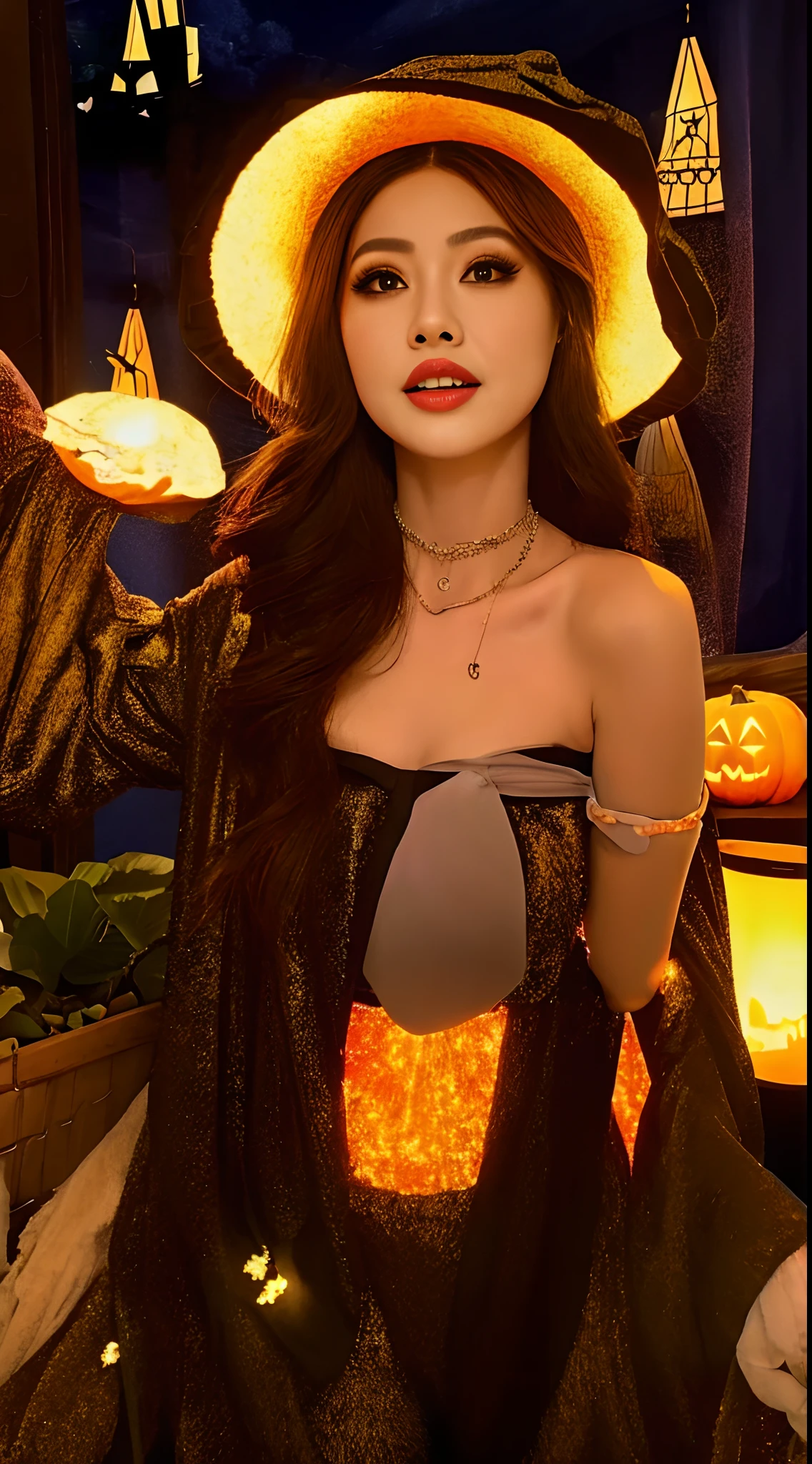 Halloween scene of pumpkins and witches flying over a cemetery, halloween celebration, halloween scene, halloween night, halloween atmosphere, spooky halloween night, halloween art style, halloween theme, scarry but bewitching, spooky halloween fun, witch fairytale,20yr old [[[[closeup cleavage]]]], [[[[boobgasm]]]], [[[[coll]]]], [[[[bshoulders]]]], perfect  eyes, Perfect iris，Perfect lips，perfect teeth，Perfect skin，Soft front light，Delicate face，Long face，slender nose，Raised sexy，熟妇，Mature mature in witch hat，Mysterious and eerie giggles，A castle in the shadows，dim murky lights，pumpkins，the bats，4K Ultra HD, 超高分辨率, (Photorealistic: 1.4), Best quality，Masterpiece，（pastel colour：1.2）