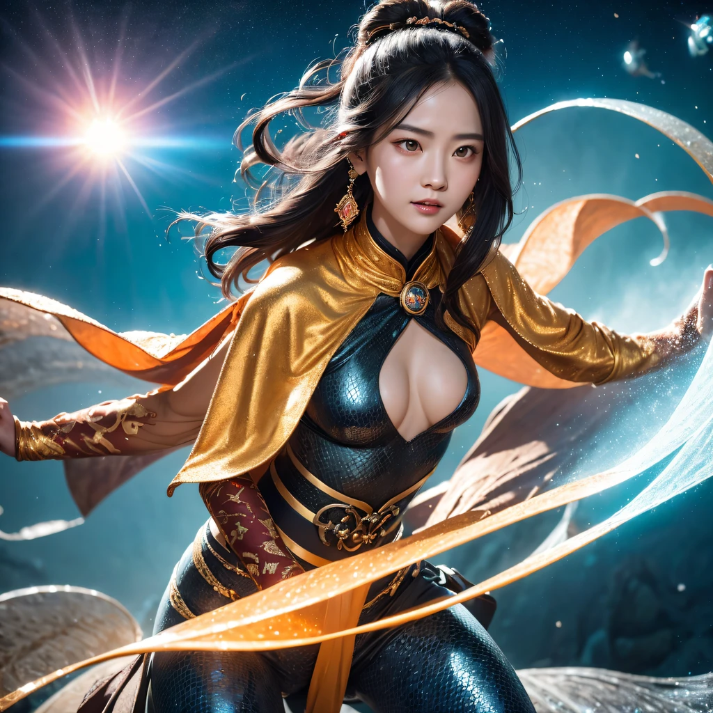 cinematic cgsociety,Fly the Nine-Tailed Light Blue Sky Division Flame Hairy Bear Star,Erotic,Torch Night Black Gold Orange Brocade Silk Snake Print Silk Pants,Rouge diamond tulle sheer lizard-patterned leggings,Fat woman flying in the snow in space,Front view,Pure transparency,Wear boxing gloves,Wear thick-rimmed reflective sunglasses with gold threads,Panorama ultra-wide angle,extremely happy,The texture of the real person is delicate,Strong visual impact,Hyper-detailing,Dream girl,Refined face,prettyeyes,Hair strands float in the air, Cherry model,Zhou Xiaotong,crystal-clear,Good sense of perspective,Light and shadow effects,16K smooth,Surface reflected light,,Tropical canyon battle scene、Chinese big breasts、Quaint、three kingdom、ember、100 people、Telephoto vista(CG)、Intense CG battles、high detal、masuter piece、NSFW,Multi-layered long-sleeved gauze garment,Quick-drying vest,Linen sweater,Crocodile skin cape,golden shoulder pads, Silver hammer pattern cape, Burgundy body hair,Water vapor female spy,Shower buttocks green fruit milk jelly flat chest,Pine silk fish net knee brace space dance,Hexagonal prism,Put on a pineapple knife sprinkled with gold,extremely happy,Border winter rain(Tropical canyon battle scene)((Scenes))(Extremely detailed Cg Unity 8K wallpaper,Masterpiece, Best quality, Ultra-detailed)He played Huang Yaoshi in the movie,