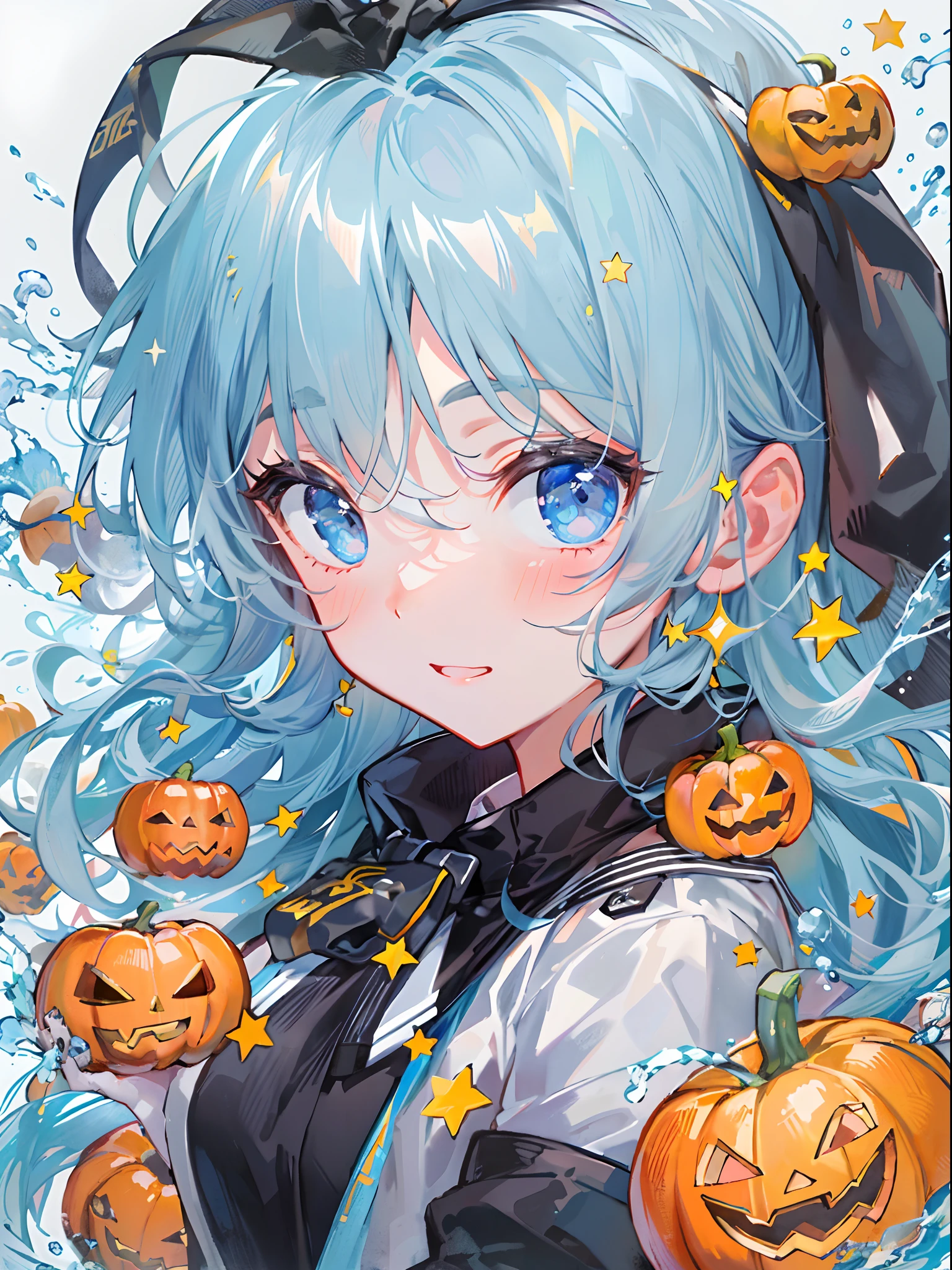 ((top-quality)), ((masterpiece)), ((ultra-detailliert)), (Extremely delicate and beautiful), girl with, 独奏, cold attitude,((Black jacket)),She is very(relax)with the(Settled down)Looks,A dark-haired, depth of fields,Evil smile,Bubble, under the water, Air bubble,bright light blue eyes,inner color with bright gray hair and light blue tips,,,,,,,,,,Cold background,Bob Hair - Linear Art, shortpants、knee high socks、White uniform like school uniform、Light blue ribbon ties、Clothes are sheer、Hands in pockets、Bright eyes like sapphire,Fronllesse Blue, A small blue light was floating、Upper Eyes、foodie, Halloween、Orange pumpkin、Jack-o'-lantern