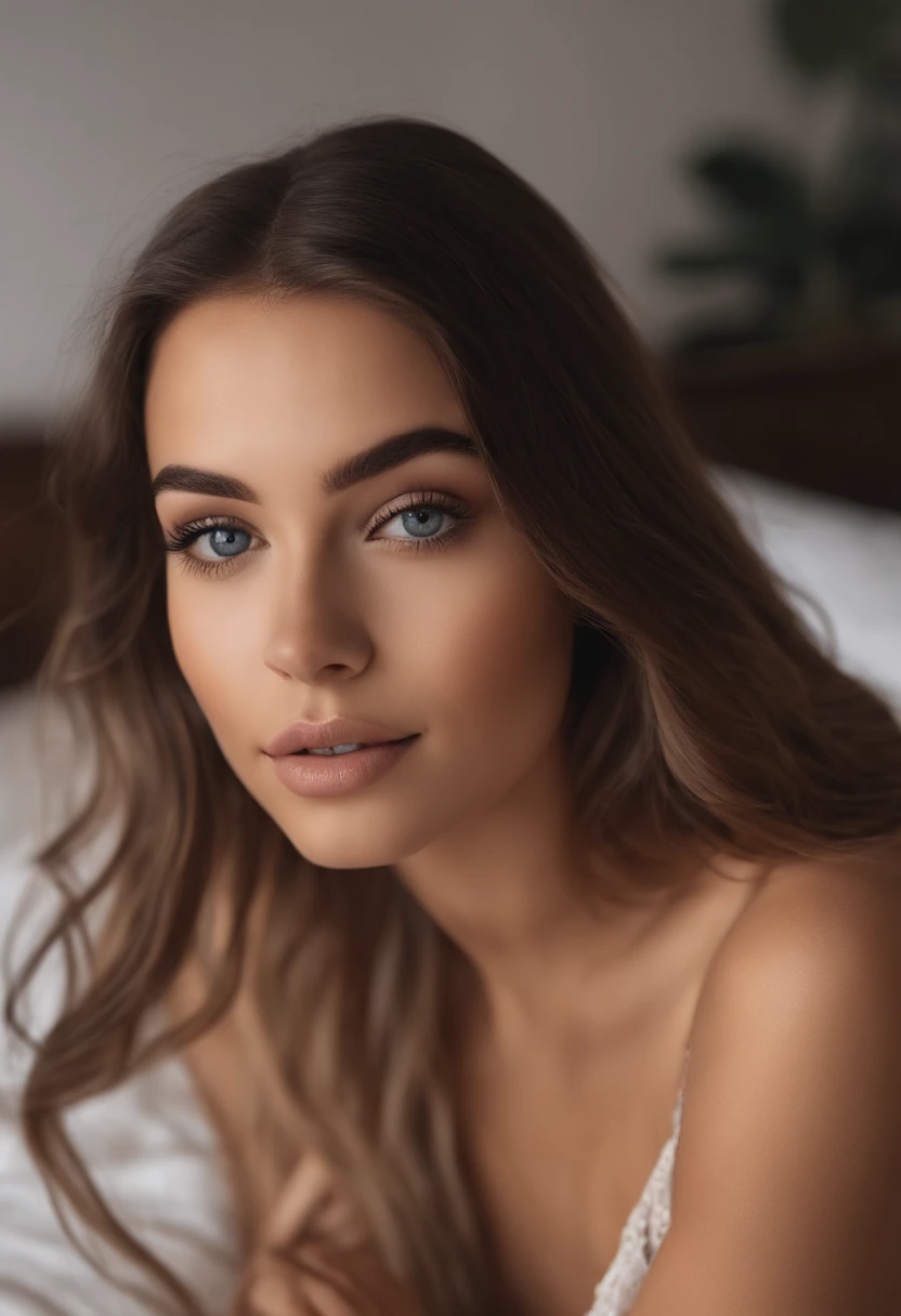 cute femme brunette.hispanic , fille sexy aux yeux bleus, ultra realist, Meticulously detailed, Portrait Sophie Mudd, cheveux blonds et grands yeux, selfie of a young woman, Yeux de chambre, Violet Myers, sans maquillage, maquillage naturel, looking straight at camera, Visage avec Artgram, Maquillage subtil, Great photo of the whole body kneeling on the bed, dans la chambre, Bust of medium size to large mixed breed