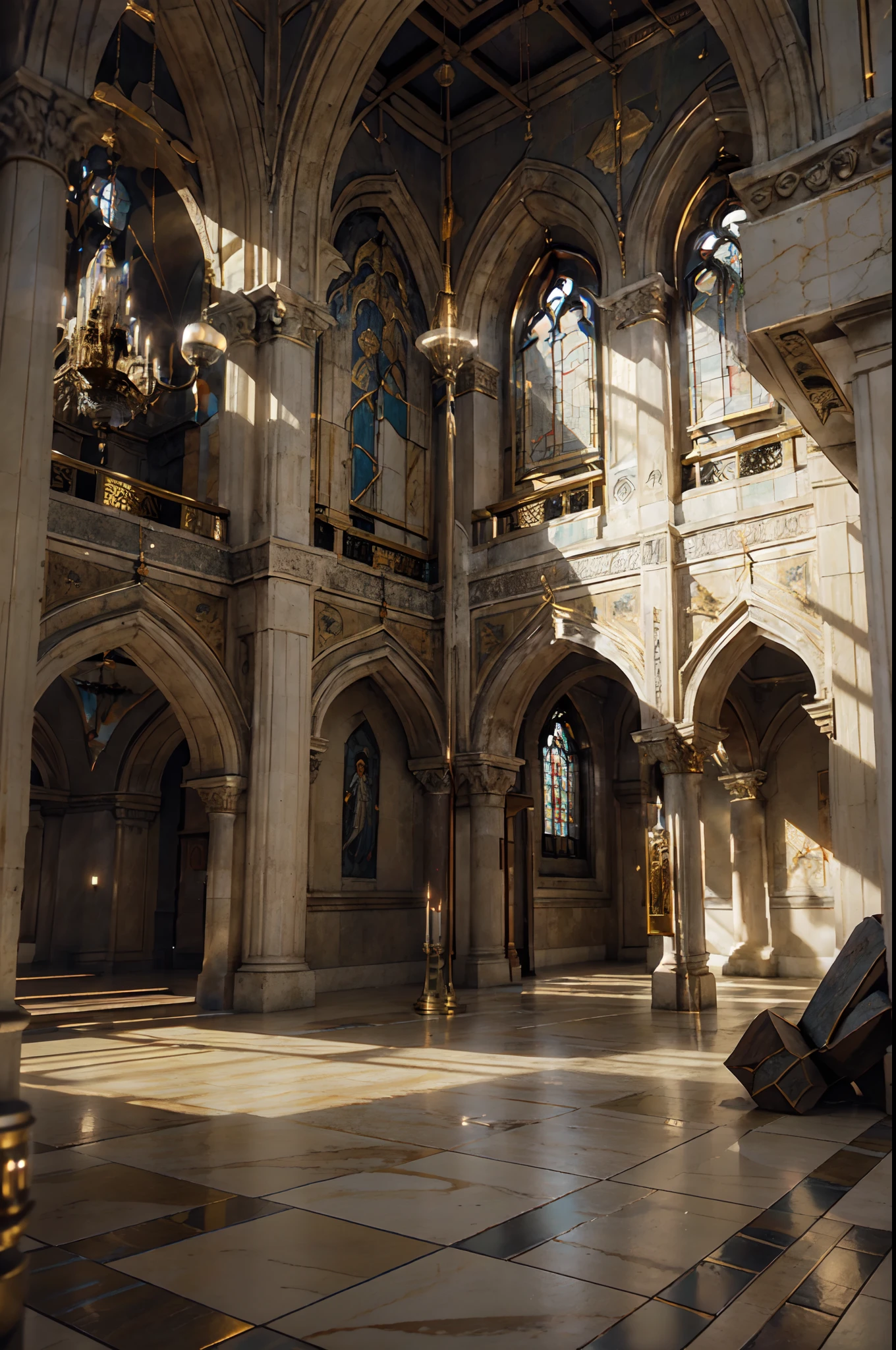 A fantastic building with high vaulted ceilings, decorated with cosmological images, frescoes and decor. Esoteric symbols and sculptures are installed in a magnificent gallery. Antique books are collected in niches leading to the ceiling. In the center of the hall, in space, a planetary model hangs, this is the illuminator of the entire gigantic space. This is a temple of science, knowledge, magic - miracles are performed here.
Interior lighting, the warm light of candles in floor sconces sparkles in a smoothly polished floor, geometry and secret symbolism decorate a clean, smooth floor. Tall Gothic windows in the side naves, stained glass windows depict mythological scenes. Warm soft light, light soft shadows, clear image of details, texture, decor (high image quality), (Clear high-quality photorealistic render), (unreal engine), SD quality, 8K.
High image quality, 8K | Ultra HD | Full HD, cinematic rendering, 3D visualization. Unity rendering of the entire 8K interior, (soft, photorealistic, realistic, sharp focus, 8K). Highly detailed textures, stone, marble, granite, metal, bronze, gold, black metal, electronic implants, cybernetics, wires on the floor, built-in magical mechanisms. Texture, high quality, (shades of warm ocher, red, black, elements, metallic shine), Magic amulets, cabalistic symbols throughout the interior. Film grain, dust and airborne particles.(Changed)Restore Original Version