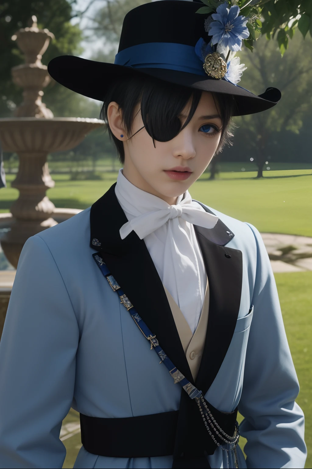 (Best Quality,4k,8k,highres,巨作:1.2),A highly detailed,(Realistic,Realistic Photos,Realistic Photos:1.37),portrait,anime,Phantomhive Sky,boy,,NAKED,dark hair,Intense look,pale skin,Royal Uniform,Classic Victorian style,Stylish clothes,Precision stitching,Feather trimmed hat,Golden accents,deep blue eyes,Purple eye patch,Detailed lashes,exquisite facial features,serious expression,Confident attitude,Stand in a majestic garden,Pruned hedges,Decorative stone statues,Elaborate fountain,Blooming roses,Soft natural light,Dramatic shades,Hidden lens glow,vibrant colours,Rich color scheme,Royal Purple,Royal Blue,Delicate pastel tones,Gentle sunlight flows through the leaves.