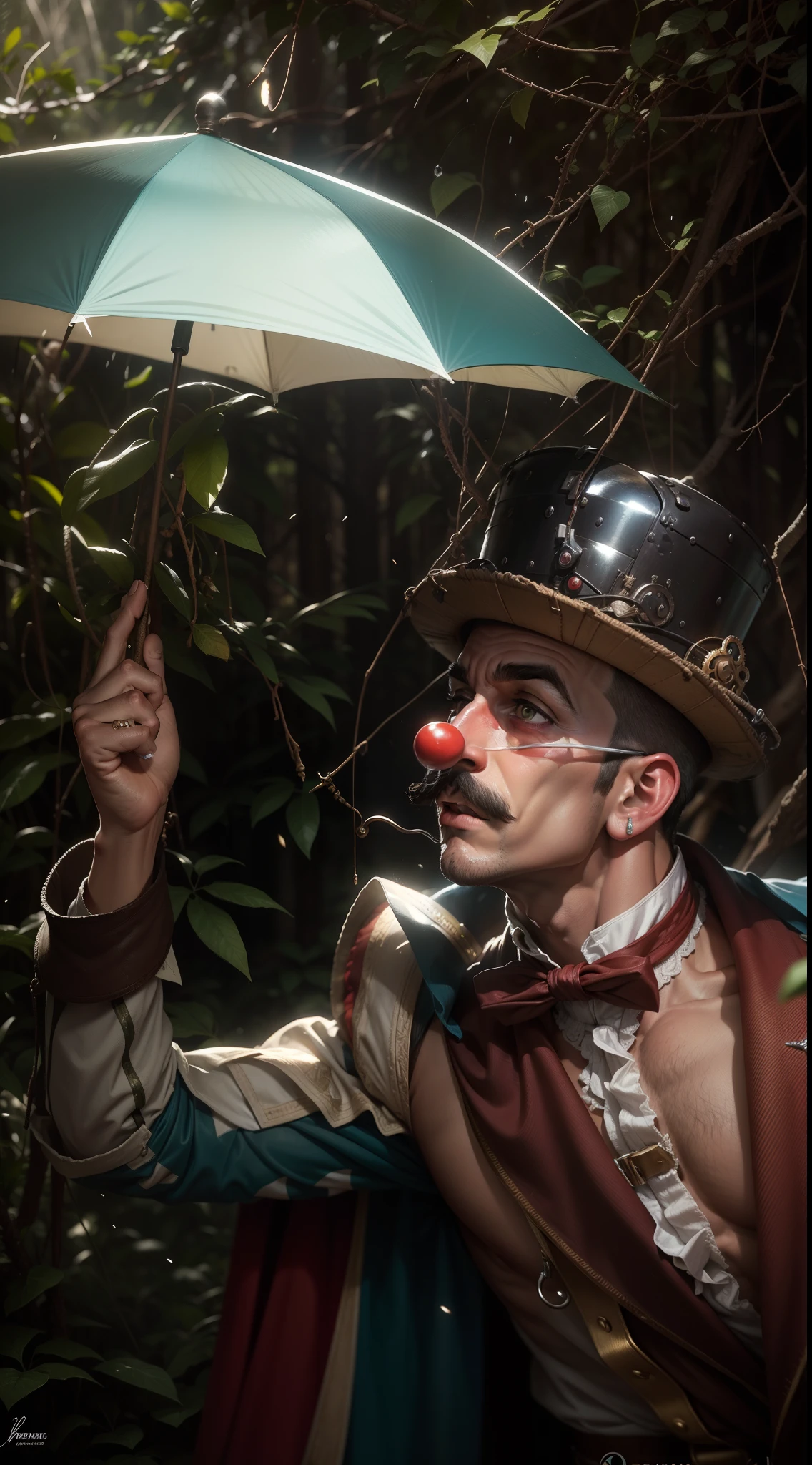 A fantasy jester with whimsical makeup, green magical smoke rising from his face, and colorful, eccentric attire. The background is a dark, enchanted forest.