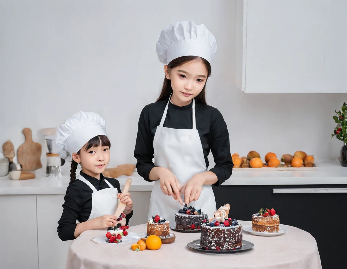 one Asian girl and one Slavic girl, , one boy 12 years oldn the kitchen at full height, Making cakes together. flirting with camera, kitchen, dress and black apron, fruits, Joint process of making cakes and pastries. Flowers on the table, Berries, Cooking utensils, hiquality, day light, 7:4