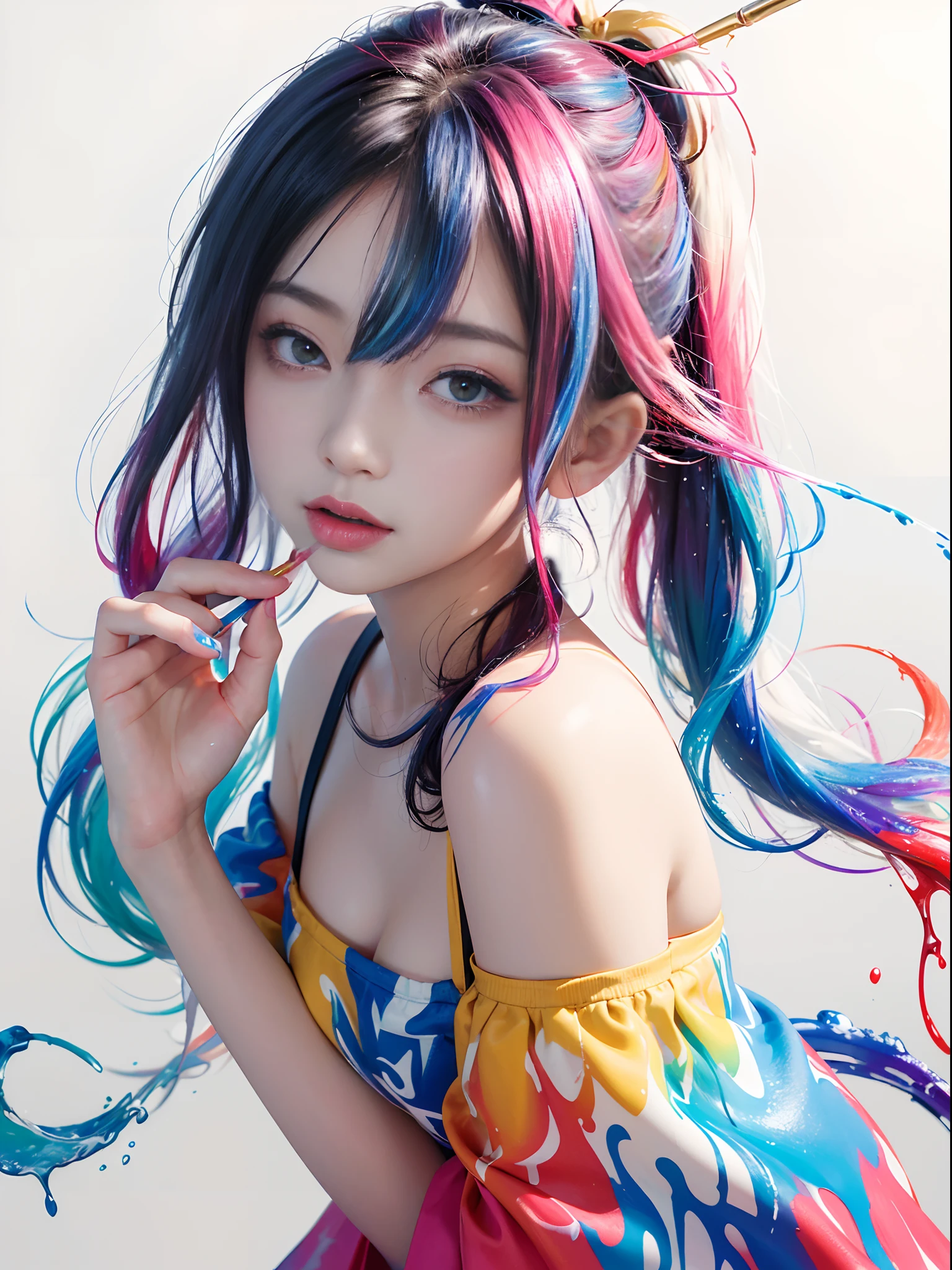 (Masterpiece, Best Quality, High Resolution), White Background, ((Paint Splash, Color Splash, Splash of Ink, Color Splash)),, Sweet Chinese Girl, Rainbow Hair, Peach Lips, Front, Upper Body