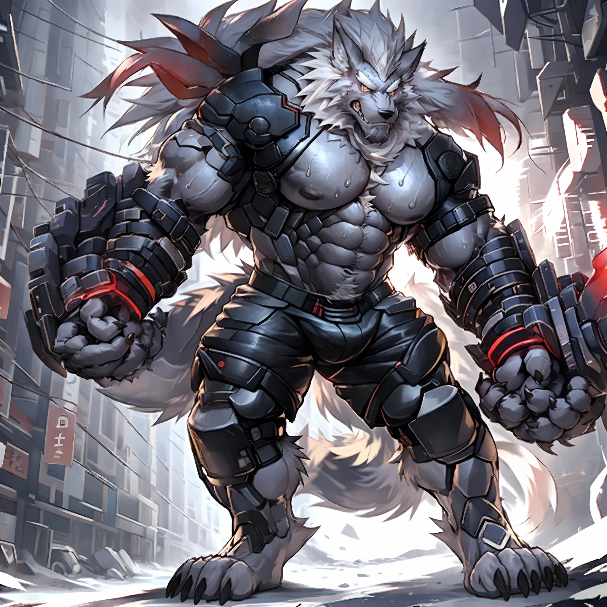 masterpiece,best quality,1boy,solo,muscular male,hi res,8k hd,extreme detail,detailed background,masterpiece,muscular,muscular anthro,(sweat:1.4),aged up,looking at viewer,(langshu:1.3),wolf boy,facial hair,Thick eyebrows,grey body,wolf ears,white hair,long hair,wolf tail,claw,by lindong,by null-ghost, full body, standing, kimono
