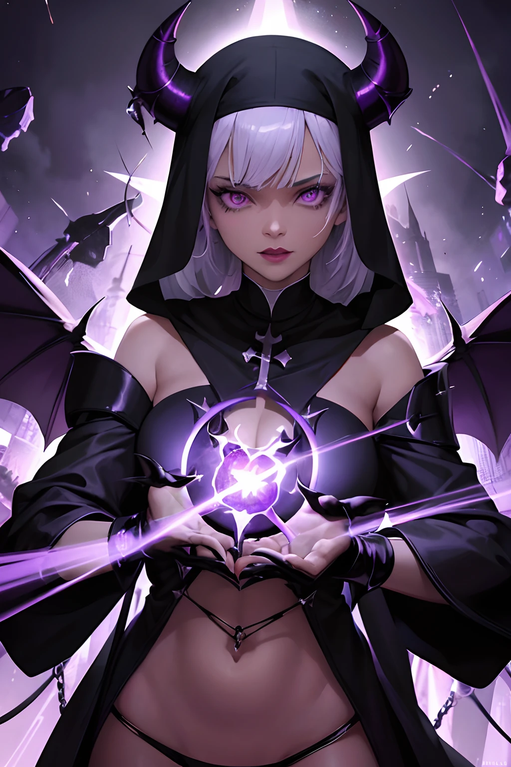 Rihanna : The evil nun, Demon horn, Demon wings on the head , sexy robe de nonne, Powerful bolts of destructive purple energy shoot out of his hands, diabolique, insidieux, His powerful magic hits the buildings of a city , Context of the Satanic Church, detailled eyes, detailed hands