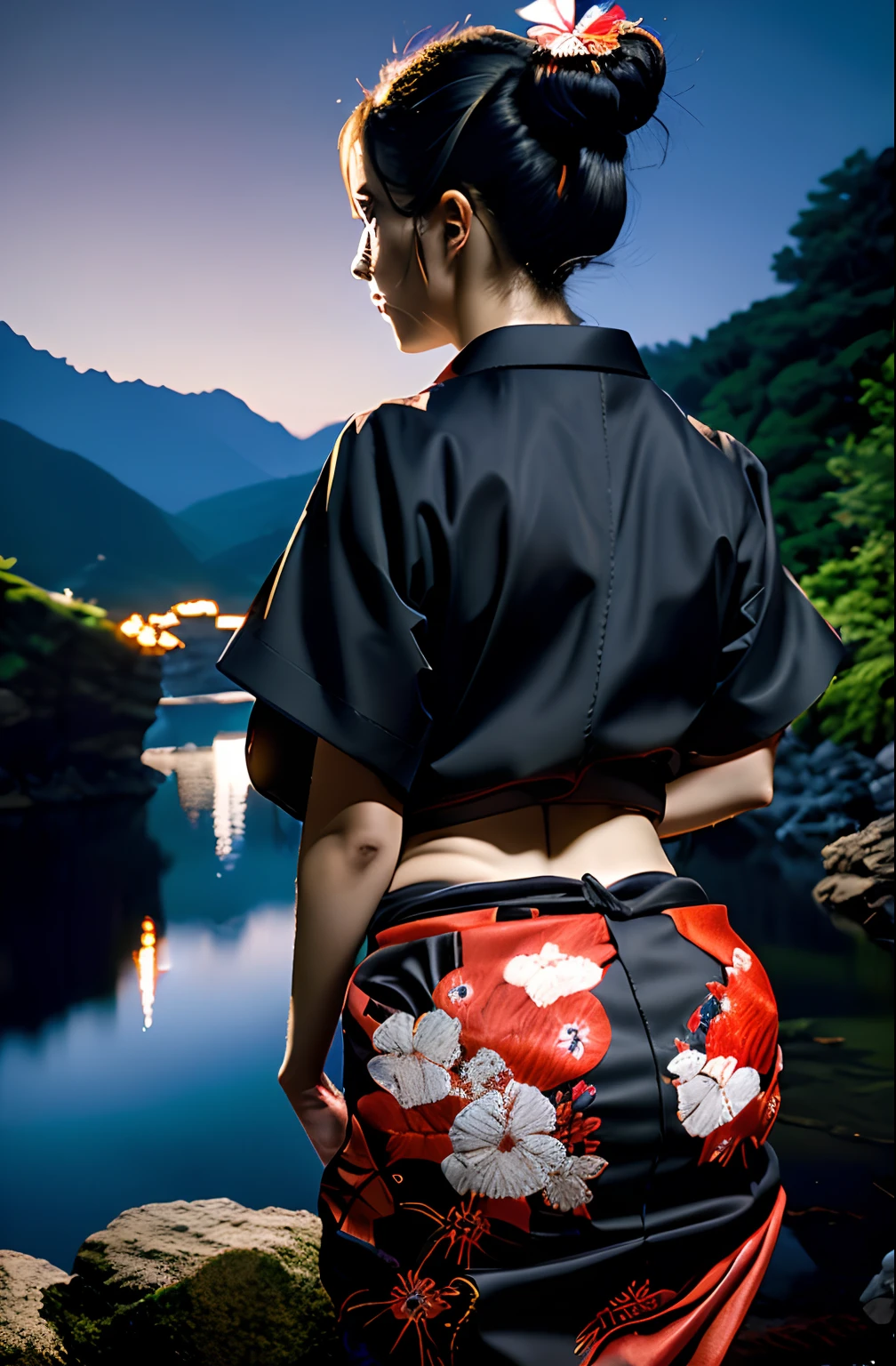 Highly detailed, High Quality, Masterpiece, beautiful, night, (dark environment), mountains, water, trees, red moon, Botan, BotanKimono, hair ornament, hair flower, double bun, from behind, bare ass
