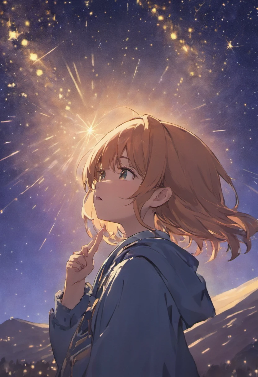 Mini-Ra pointing at the starry sky with a worried look on his face