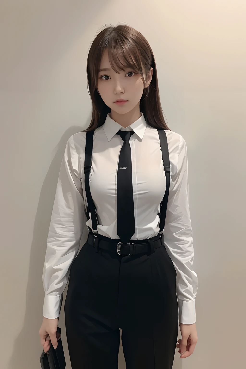 Brown hair、watching at viewers suspenders big breasts Black miniskirt garterbelts knee high socks Gaze Small face bangss Beautuful Women hands up Gaze Black boots Armpit sweat soio Fold your hands behind your back Belt Shirt teats