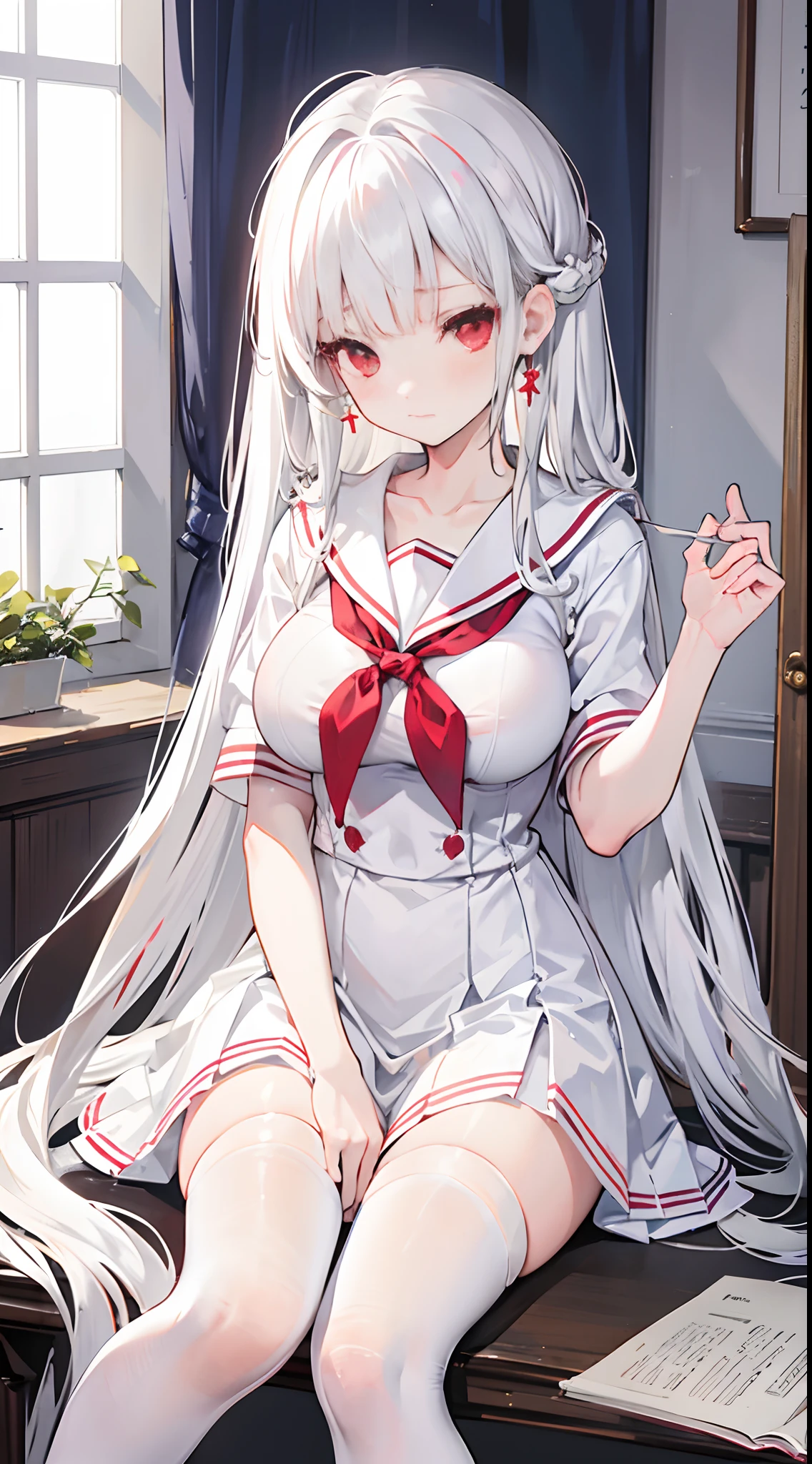 silver-white long hair，Broken hair curtains，Crystal red eyes，Off-white short-sleeved sailor uniform school uniform，a skirt，expressiveless，apathy，Sit in the infirmary，Wearing white stockings，Girl with big breasts