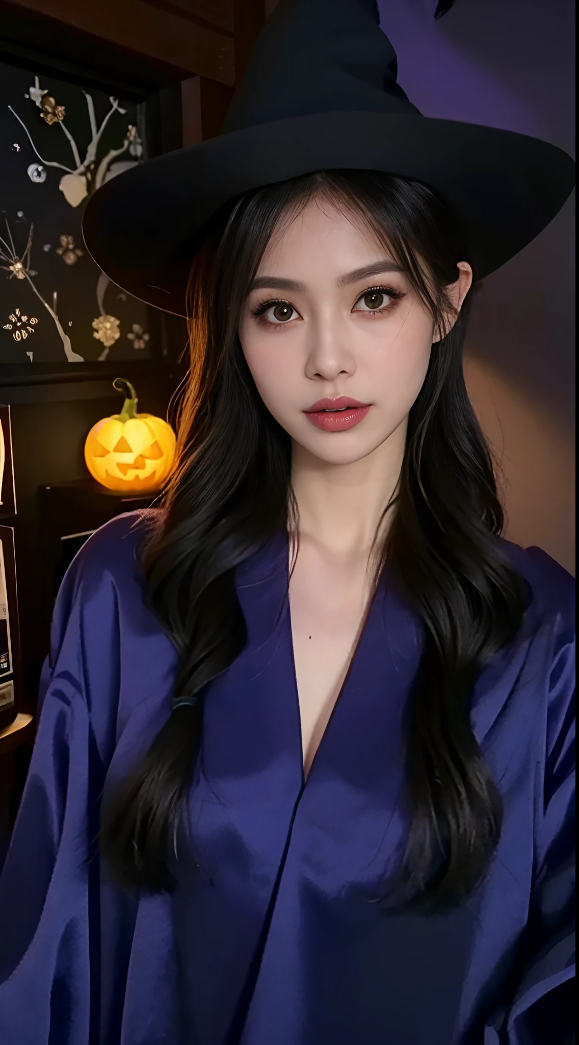 Halloween scene of pumpkins and witches flying over a cemetery, halloween celebration, halloween scene, halloween night, halloween atmosphere, spooky halloween night, halloween art style, halloween theme, scarry but bewitching, spooky halloween fun, witch fairytale,20yr old [[[[closeup cleavage]]]], [[[[boobgasm]]]], [[[[coll]]]], [[[[bshoulders]]]], perfect  eyes, Perfect iris，Perfect lips，perfect teeth，Perfect skin，Soft front light，Delicate face，Long face，slender nose，Raised sexy，熟妇，Mature in a witch's hat，Mysterious and eerie giggles，A castle in the shadows，dim murky lights，((the night))，pumpkins，the bats，4K Ultra HD, 超高分辨率, (Photorealistic: 1.4), Best quality，Masterpiece，（pastel colour：1.2）