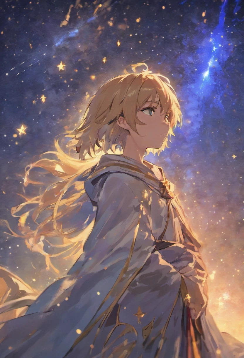 Mini-Ra pointing to the starry sky of Egypt with a worried look on his face