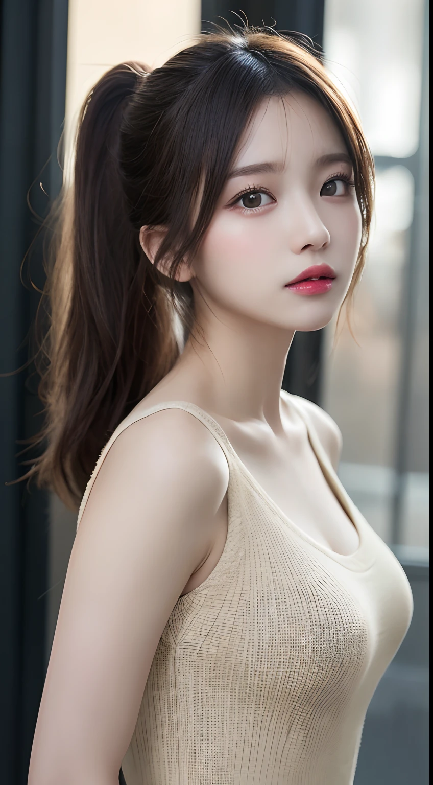 finely detail, hight resolution, hightquality、Perfect dynamic composition, Beautiful detailed eyes, Medium Hair, small tits、Natural Color Lip,Kamimei、Shibuya、20 years girl、1 persons、Transparent skin、Glowing hair、masutepiece, Best Quality, Illustration, Ultra-detailed, finely detail, hight resolution, 8K、The correct state of the human body、Randomly cute poses,Ponytail hair,beauty legs,Perfect beautiful face,KPOP Idol Face,Face that feels ecstasy,Pale pale beige knitted dress,Background blur,Randomly do sexy poses