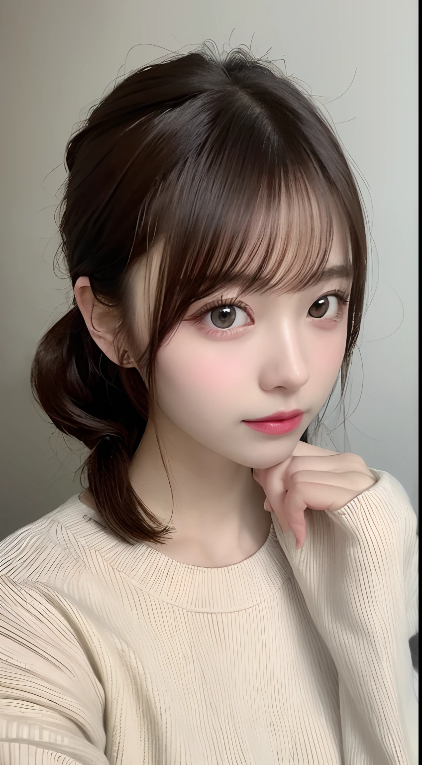 finely detail, hight resolution, hightquality、Perfect dynamic composition, Beautiful detailed eyes, Medium Hair, small tits、Natural Color Lip,Kamimei、Shibuya、20 years girl、1 persons、Transparent skin、Glowing hair、masutepiece, Best Quality, Illustration, Ultra-detailed, finely detail, hight resolution, 8K、The correct state of the human body、Randomly cute poses,Ponytail hair,beauty legs,Perfect beautiful face,KPOP Idol Face,Face that feels ecstasy,Brown knitted dresses,Background blur,Do Guts Pose