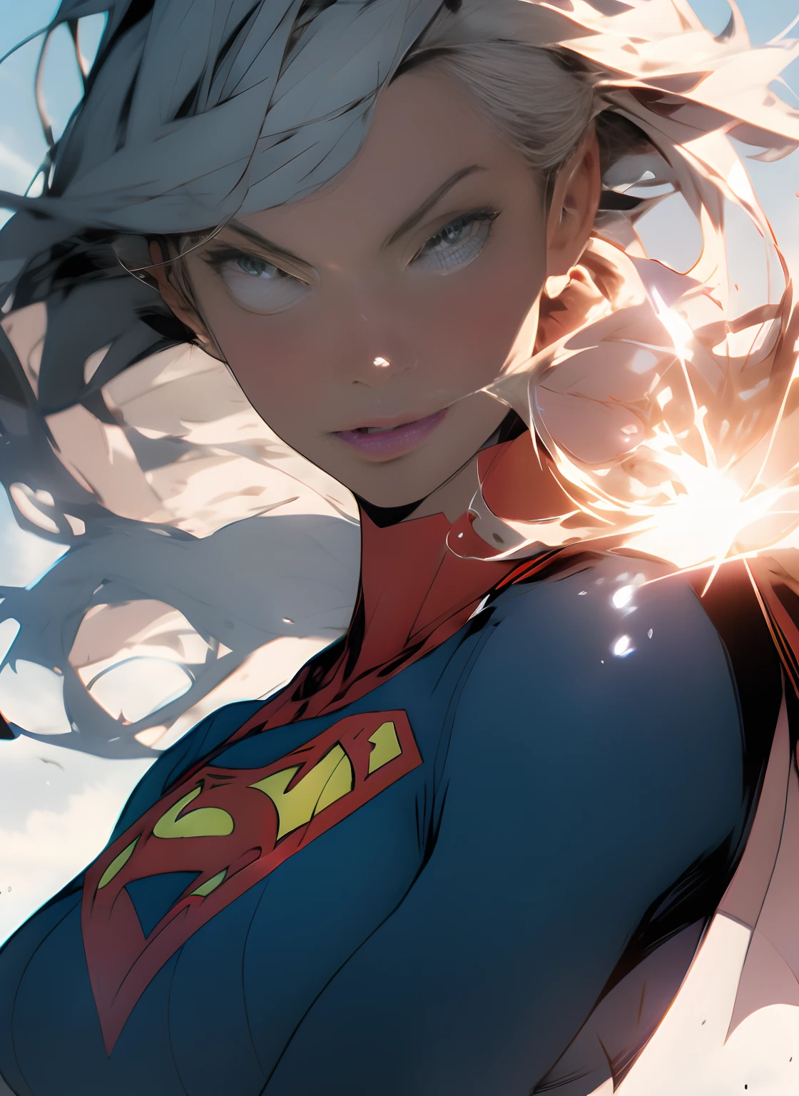 A close-up of Supergirl's face, showcasing her steely gaze and unwavering determination. Her hair gently floats in the wind, and her iconic symbol shines proudly on her chest.
