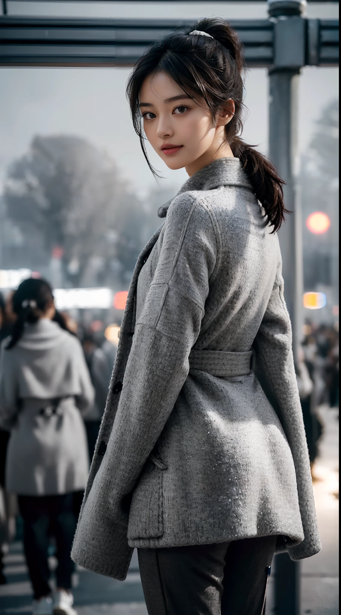 (shoulder length straight short black hair:1.0),((((8k))),(Extremely meticulous CG) ,(wallpaper),16k,(Extremely refined and beautiful），（Masterpiece），（best qualtiy：1.0），（Ultra High Resolution：1.0），beautiful light up，Perfect lightning，realistic shaded，[A high resolution],(Smooth and flawless fair skin:1.5),Extremely exquisite facial details,(perfect body：1.1),ultra - detailed,A beautiful girl,small head,(very short ponytail:1.2),(Small breasts:1.1),Flat chests，slim，thin，Smile，cheerfulness,(maxi light grey woolen coat:1.5),(white collared shirt:1.3),(black pants:1.4),(white sneakers:1.2),slender legs,(nightfall:1.5),Sunset light,(Surrounded by a crowded crowd:1.5),At the school gate,standing,full body,(close-up of upper body:1.2),from back
