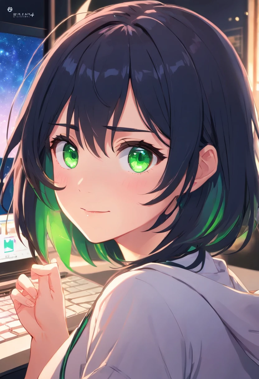 working in an office, At the office, working in her laptop computer, sitting in office, sitting in front of the computer, In the office, working on a laptop at a desk, sitting at a computer desk, sitting in front of the computer, in front of a computer, sat at her desk,(((Masterpiece))) (1 girl) (Black hair, Exposed long and short hair, Straight hair, Both sides up) (Green eyes), Beautiful face, eye shadows, eyes liner, Glow eyes, hyper detail eyes, complex eyes, Beautiful eyes, Detailed eyes, ((Star-shaped pupils, Glowing pink pupils)) 18-year-old girl. ((Humph)). Smile. full bodyesbian. florest background. Lie down. Black spots white clothes