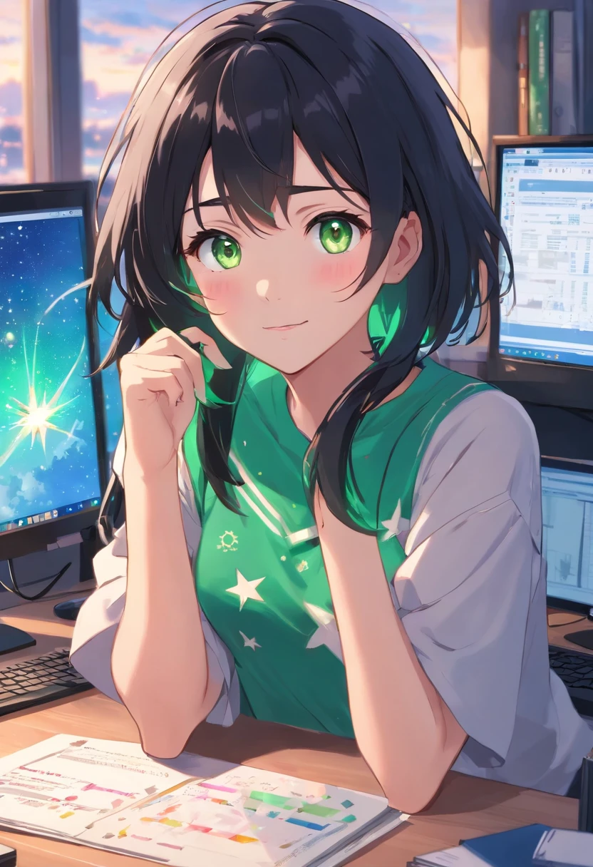 working in an office, At the office, working in her laptop computer, sitting in office, sitting in front of the computer, In the office, working on a laptop at a desk, sitting at a computer desk, sitting in front of the computer, in front of a computer, sat at her desk,(((Masterpiece))) (1 girl) (Black hair, Exposed long and short hair, Straight hair, Both sides up) (Green eyes), Beautiful face, eye shadows, eyes liner, Glow eyes, hyper detail eyes, complex eyes, Beautiful eyes, Detailed eyes, ((Star-shaped pupils, Glowing pink pupils)) 18-year-old girl. ((Humph)). Smile. full bodyesbian. florest background. Lie down. Black spots white clothes