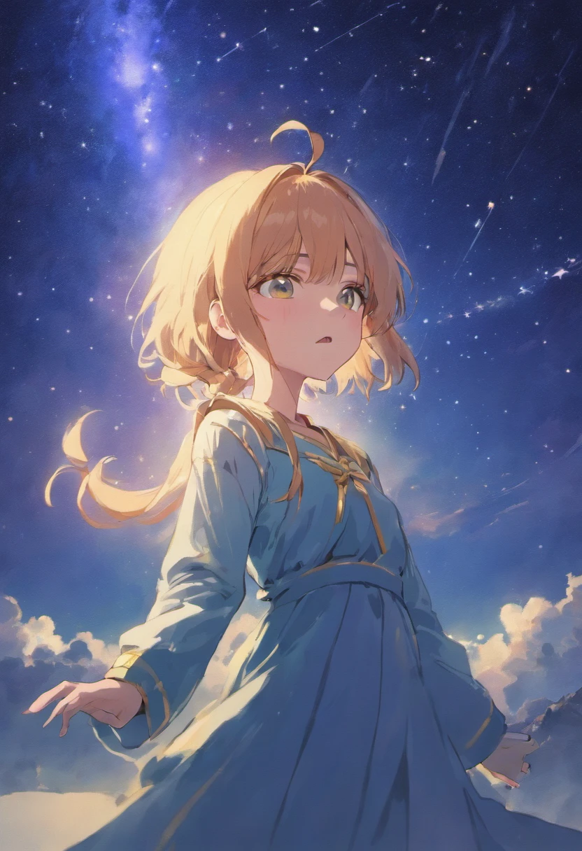 Mini-Ra pointing to the starry sky of Egypt with a worried look on her face