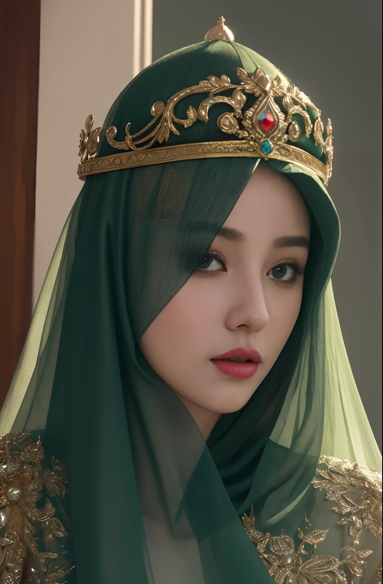 a close up of a woman wearing a green veil and a gold head piece, stunning digital illustration, 4k highly detailed digital art, beautiful digital artwork, arabian beauty, beautiful digital illustration, 8k stunning artwork, 8k high quality detailed art, intricate wlop, detailed beauty portrait, arabian princess, detailed beautiful portrait, beautiful art uhd 4 k