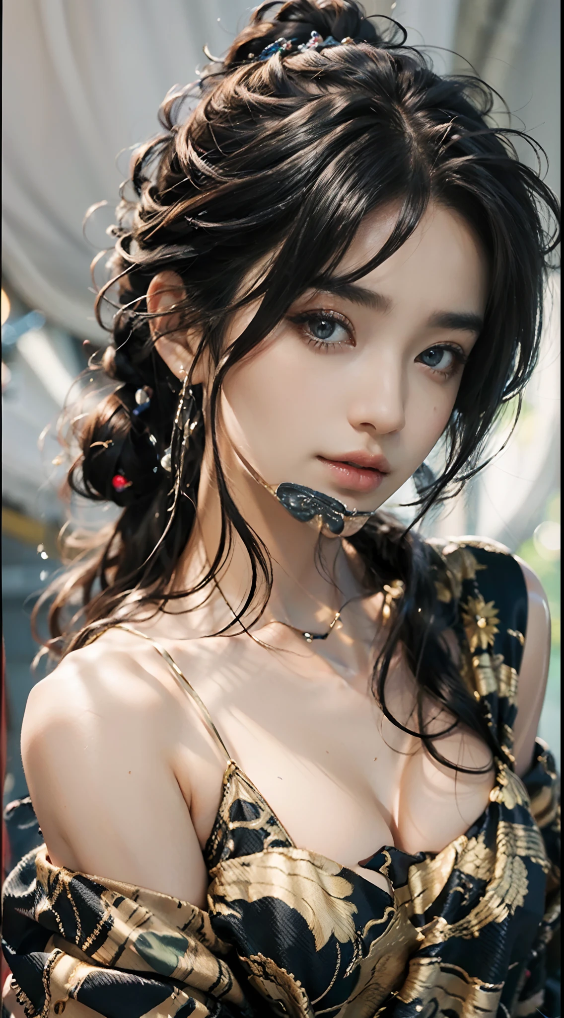 top-quality、masterpiece、超A high resolution、(realistic:1.4)、Raw photo、女の子 1 人、((off shoulders))、lighting like a movie,middlebreasts,Beautiful facial features,Detailed eyes,(Lifelike eyes),Detailed beautiful hair,ssmile,Sexy Beauty,Sexy hair,((Semi-long chignon hair))