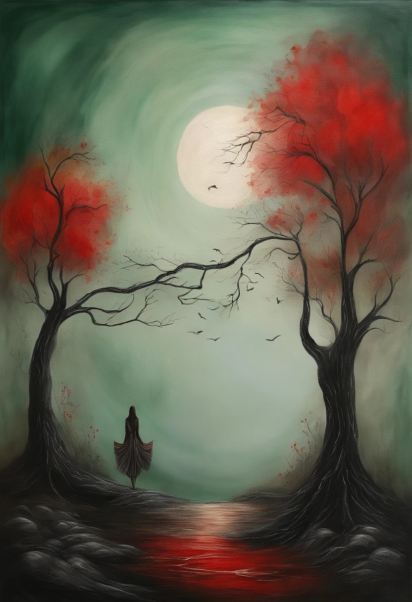 Black deep earth，Old trees with dark green and blackening，Branches hang ropes，A thin woman hangs from the lower end of a rope by her neck，Red wedding dress，long hair flowing，Back to people，Elongated nails，There is no shadow，Hanging red moon in the middle，A pair of red embroidered shoes，stickfigure，Use white，black in color，red colour，green color，Five colors of yellow complete the painting