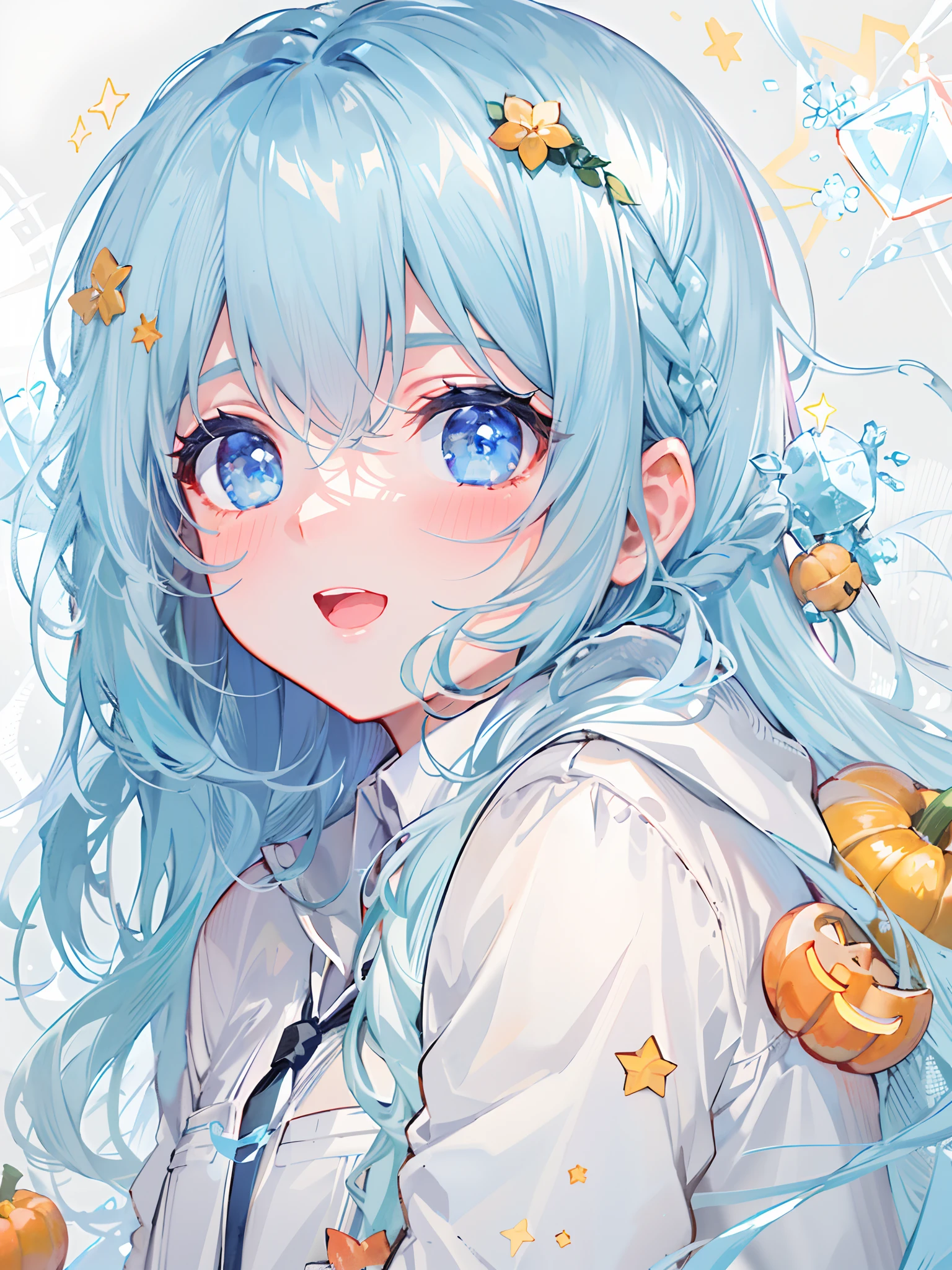 ((top-quality)), ((​masterpiece)), ((ultra-detailliert)), (Extremely delicate and beautiful), girl with, 独奏, cold attitude,((Black jacket)),She is very(relax)with  the(Settled down)Looks,A dark-haired, depth of fields,Evil smile,Bubble, under the water, Air bubble,bright light blue eyes,inner color with bright gray hair and light blue tips,,,,,,,,,,,,,,,,,Cold background,Bob Hair - Linear Art, shortpants、knee high socks、White uniform like school uniform、Light blue ribbon ties、Clothes are sheer、Hands in pockets、Bright eyes like sapphire,Fronllesse Blue, A small blue light was floating、Upper Eyes、glass shards、Snowflake Hair Ornament, Halloween, Orange pumpkin、Jack-o'-lantern、Orange and light blue odd eye