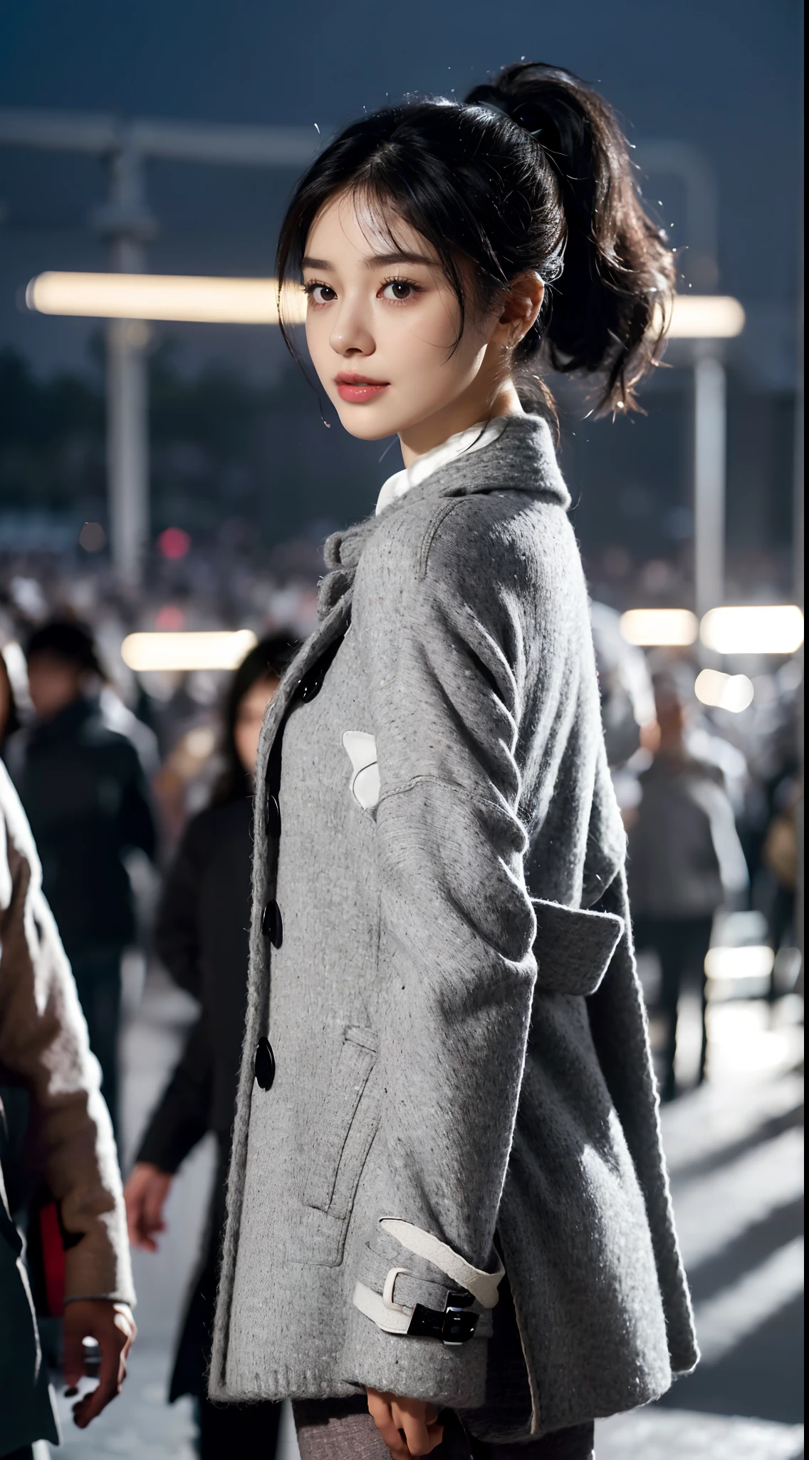 (shoulder length straight short black hair:1.0),((((8k))),(Extremely meticulous CG) ,(wallpaper),16k,(Extremely refined and beautiful），（Masterpiece），（best qualtiy：1.0），（Ultra High Resolution：1.0），beautiful light up，Perfect lightning，realistic shaded，[A high resolution],(Smooth and flawless fair skin:1.5),Extremely exquisite facial details,(perfect body：1.1),ultra - detailed,A beautiful girl,small head,(very short ponytail:1.2),(Small breasts:1.1),Flat chests，slim，thin，Smile，cheerfulness,(maxi light grey woolen coat:1.5),(white collared shirt:1.3),(black pants:1.4),(white sneakers:1.2),slender legs,(nightfall:1.5),Sunset light,(Surrounded by a crowded crowd:1.5),At the school gate,standing,full body,(close-up of upper body:1.2),from back