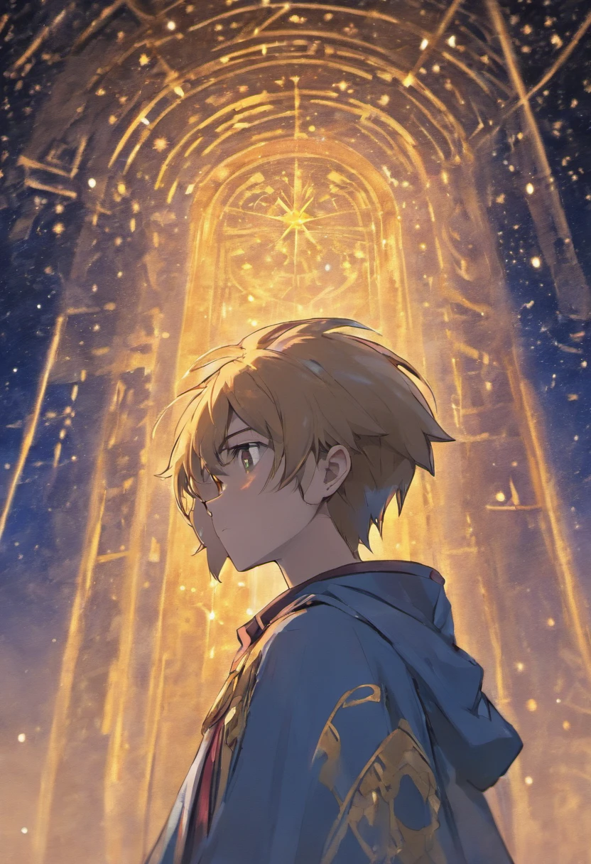 Mini-Ra pointing to the starry sky of Egypt with a worried look on his face