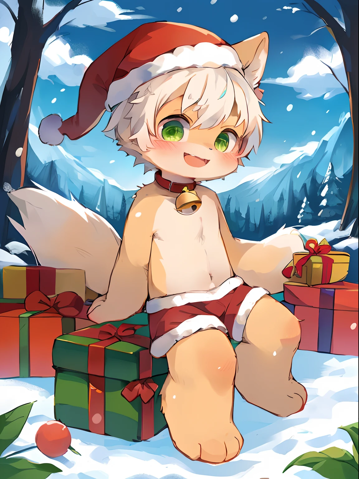 masutepiece, High quality, Absurd resolution, Digital Painting \ (The artwork \), By Dagasi, yupa, Kiyosan, (fluffy fur, White fur, Full body fur,), Male child,独奏, Green eyes, White hair,Christmas Hats,Have a gift box,3rd class,The lower part of the body is bare, Bare legged, Bright eyes,kawaii, the panorama, Character Focus. Detailed background, cloud background, Christmas-style forest,It's snowing,A smile with a slightly open mouth,He wears a bell and a collar