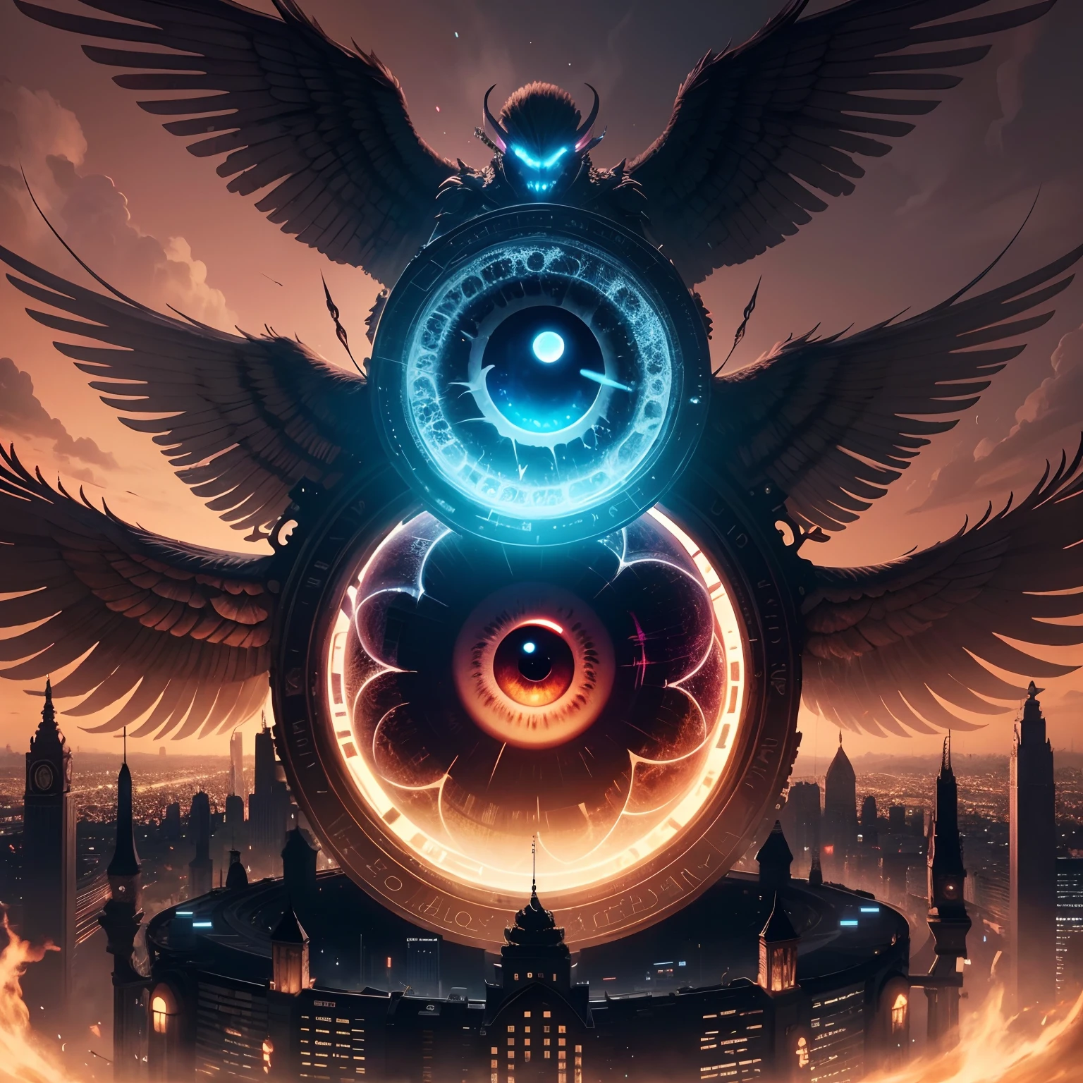[extremely huge cicada on background, psychedelic color, detailed background : detailed city background, 1080P, runes, multiple wings, evil, extremely huge eyeball on center, hyperemia, alter: 6]