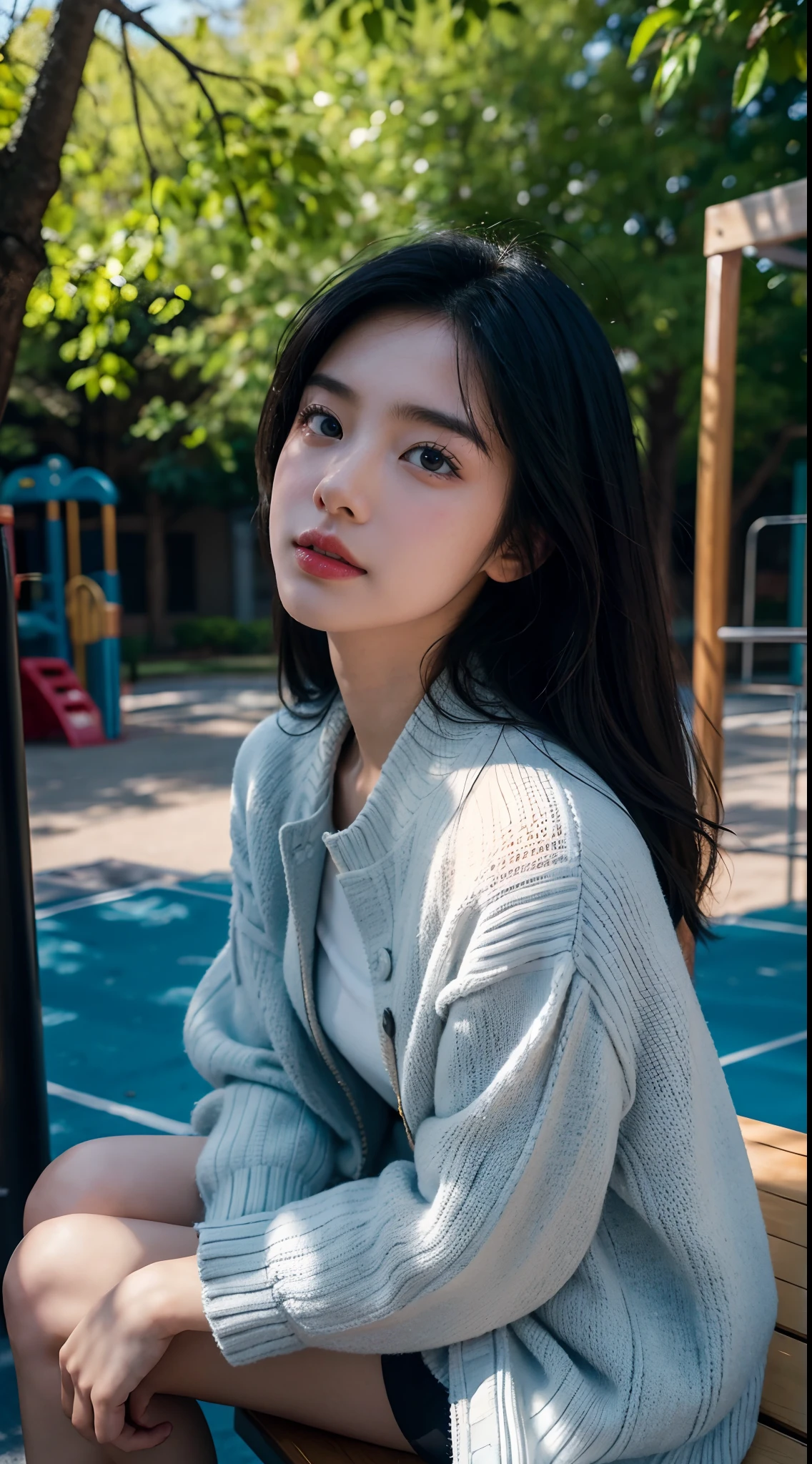 High-res, Realistic portrait of professional Chinese university campus lady with perfect skin，The breath of life should emphasize her sitting and standing postures，autumnal，Wear a blue jacket，White sweater knitted underwear，Beautiful woman sitting on the playground of the schoolyard，Medium-sized half-body，Long black hair，Looks confident and cute, Longing for freedom and beauty，Surrounded by the atmosphere of modern school life， Vibrant and naturally lit highlights. The artwork should emphasize her elegant facial features, Including charming long eyes, Fluttering eyelashes and seductive lips. The scene should be enhanced with elements of professionalism and visual appeal，For example, Medium-sized playground，Mainframe computers, High-resolution display, and a complex and diverse student body，Shows the people of the crowd，Highlight the beauty focus， The overall tone should be warm and professional, The sun was shining in the playground，soft sun light，Has a soft and natural color palette. The artwork should exude a sense of professionalism, Success, and cultural pride，The background is blurred out（1.2），